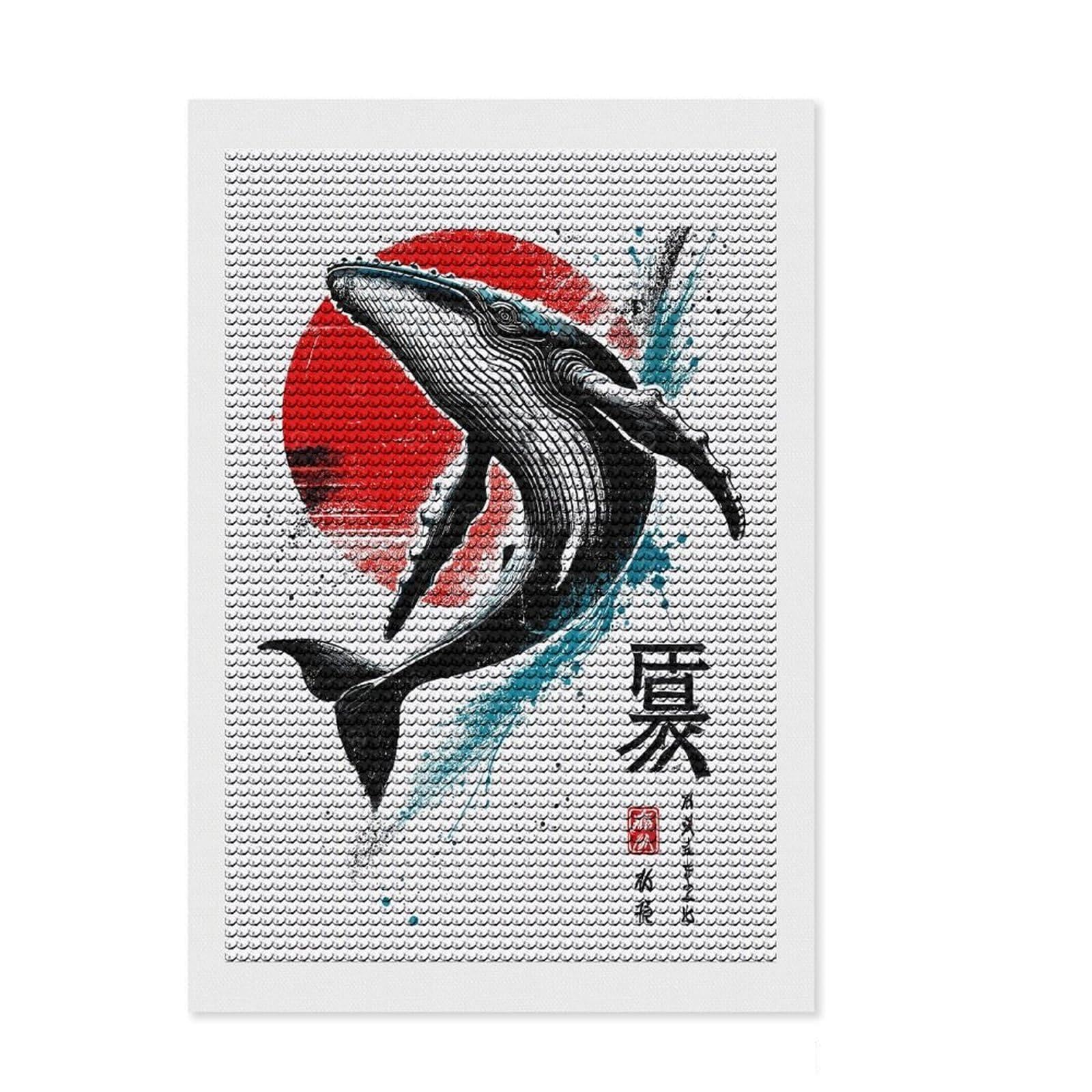 Junmoney Whale Jump Sumi-e Full Drill Diamond Painting Kit 8"x12", Satisfying Creative Project, Finish and Display, Stress Relief Craft