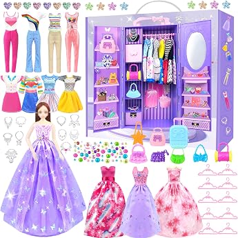 65 Clothing Jewellery Accessories for Dolls Wardrobe for 11.5 Inch Dolls Doll Wardrobe Set with 1 Doll Clothes Bags Shoe Rack Gift Toy for Girls from 4 5 6 7 8 9 10 Girls Years