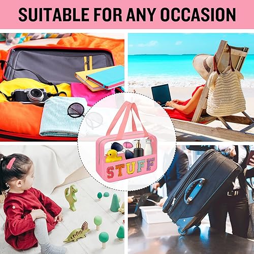 Miniatura 5 de Preppy - Bolsas de maquillaje transparentes con parches de letras de felpilla bolsa transparente con cremallera con asas nailon y PVC impermeable