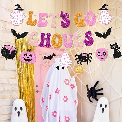 Miniatura 6 de Cartel de Let's Go Ghouls Hippie Decoración de fiesta de Halloween, guirnalda retro Groovy de Halloween, fantasma, murciélagos, calabaza, calavera