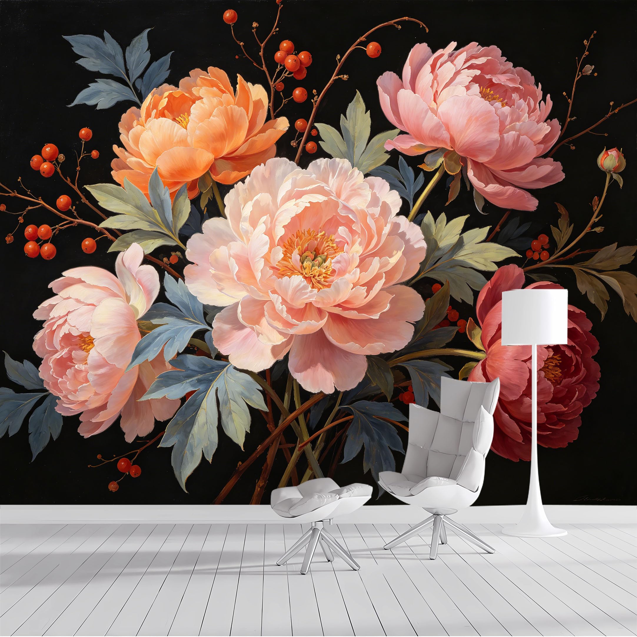 Custom Size Wall Mural Peony Floral Bouquet Botanical Oil Painting Style SelfAdhesive Wall Fabric Removable Peel and Stick Wallpaper Wall Decor for Living Room Bedroom Bathroom