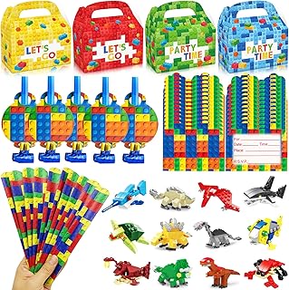 Building Blocks Party Favors Set for 12 Kids 60 Pcs Building Blocks Party Supplies with Animal Building Blocks, Gift Bags，Slap Bracelet，Blown Dragon etc for Building Blocks Theme Party