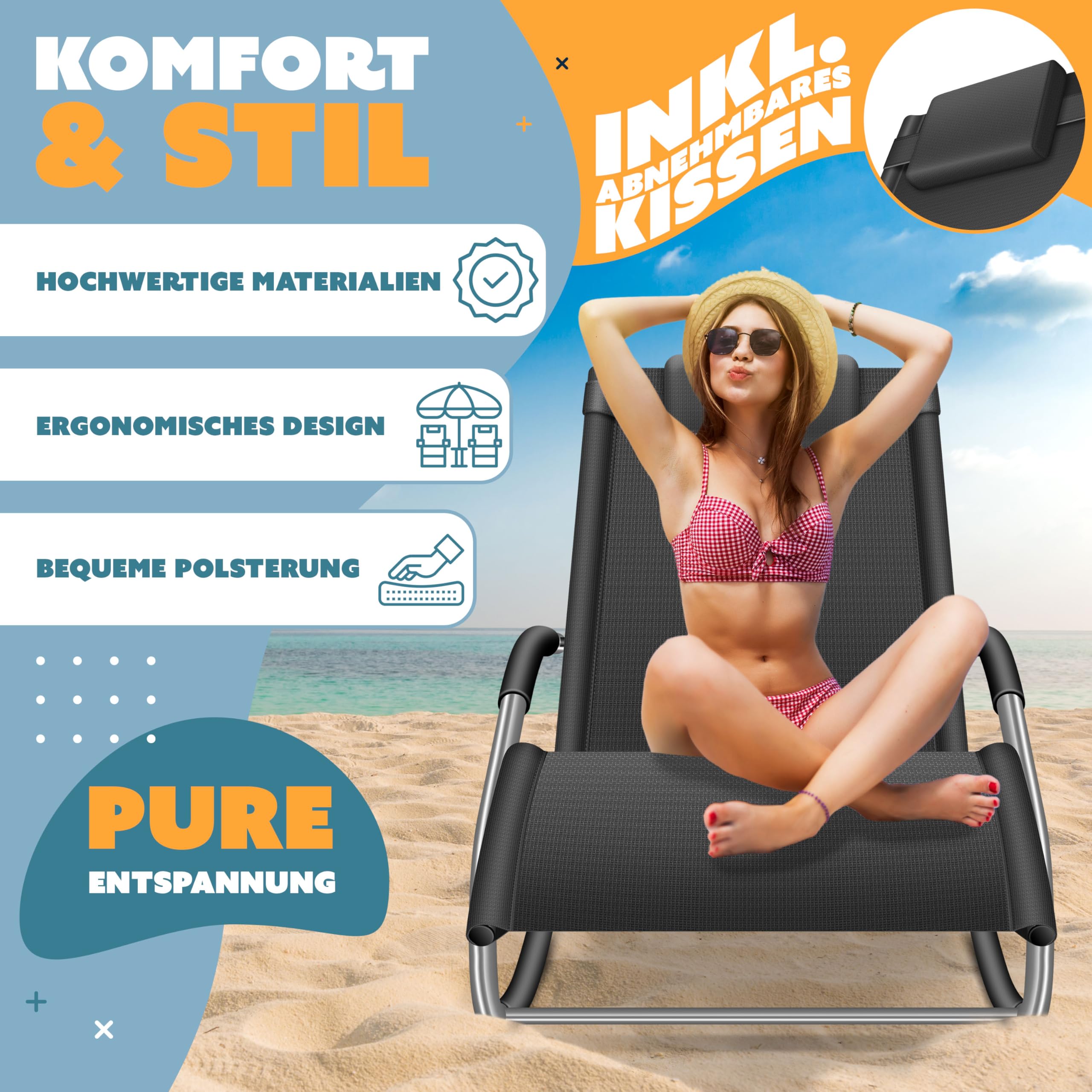 KESSER® Sonnenliege Relaxliege Schwungliege | Gartenliege | Gartenstuhl | Liegestuhl | Schaukelsessel | ergonomische Relaxsessel | Kopfkissen | wetterfest | 150 kg Belastung | Anthrazit