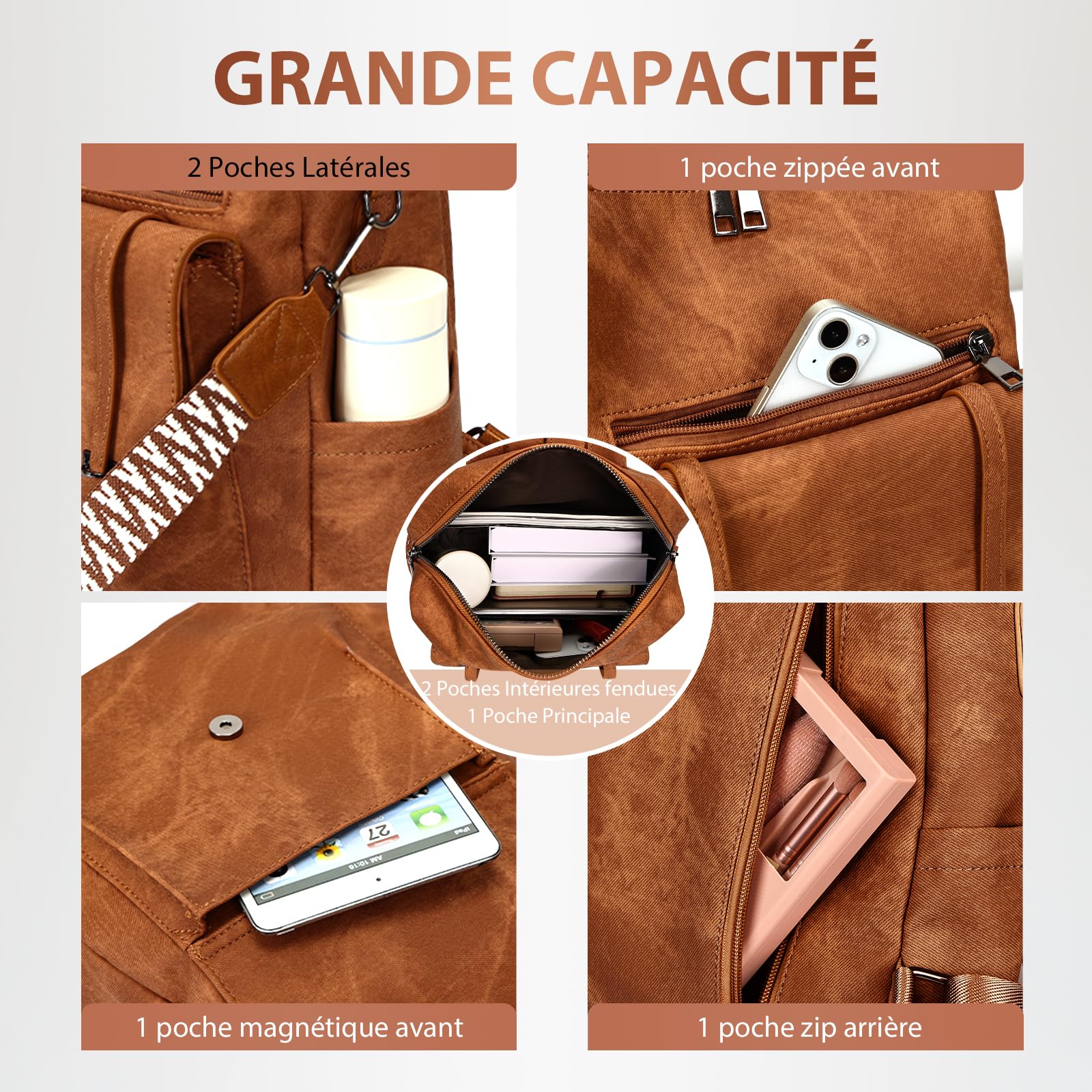 Leathario Sac a Dos Antivol Femme en Cuir Vegan, Sacs à Main Portés Dos Imperméable Elegant Leger, Backpack pour Voyage L'école Travail Université Collège Shopping
