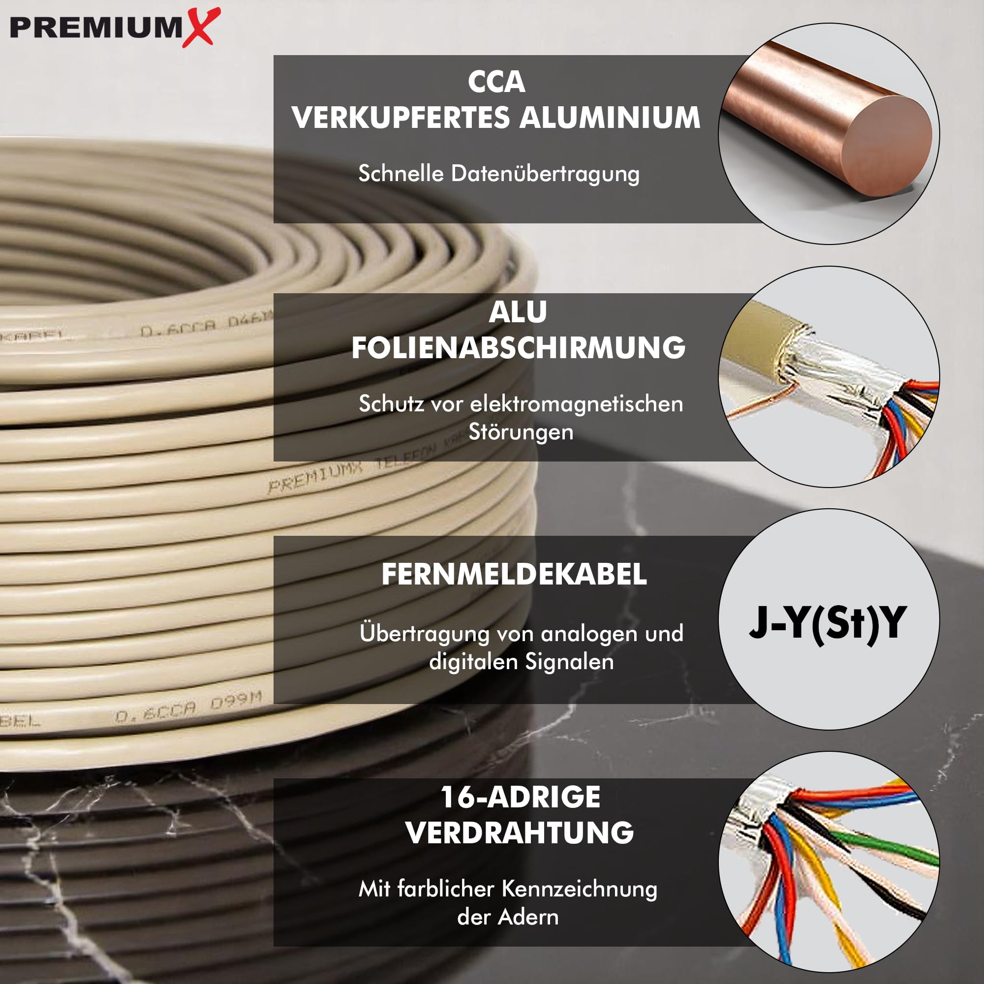 Premium X Kabel telefoniczny 100 m 8 x 2 x 0,6 mm J-Y(ST) Y linia telefoniczna 16-żyłowa, okrągła