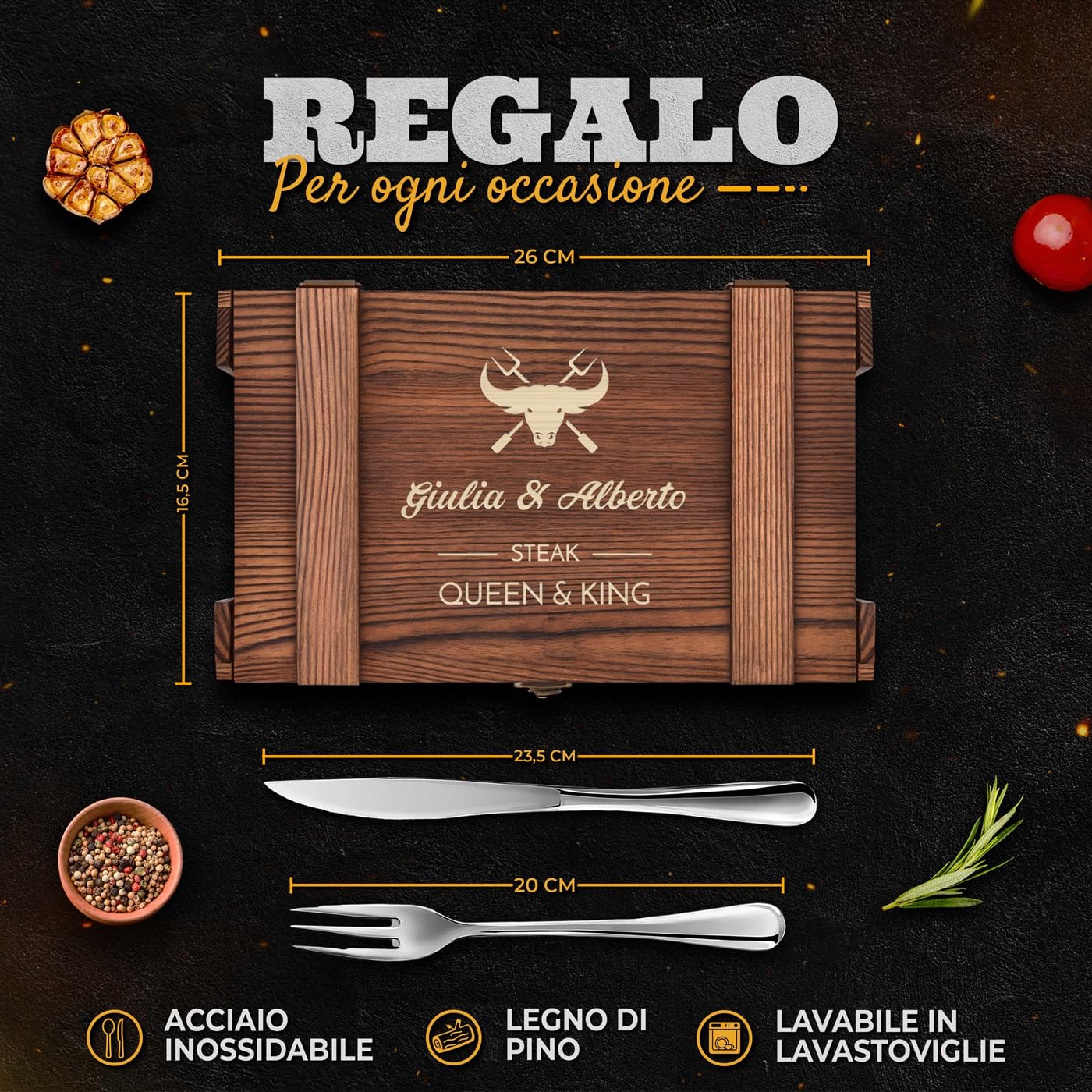 Maverton Set Posate in Scatola Legno di Pino - Portaposate 6 Coltelli e 6 Forchette - Scatola regalo Personalizzata - Idee regalo donna compleanno o regali coppia - 26x16,5x6