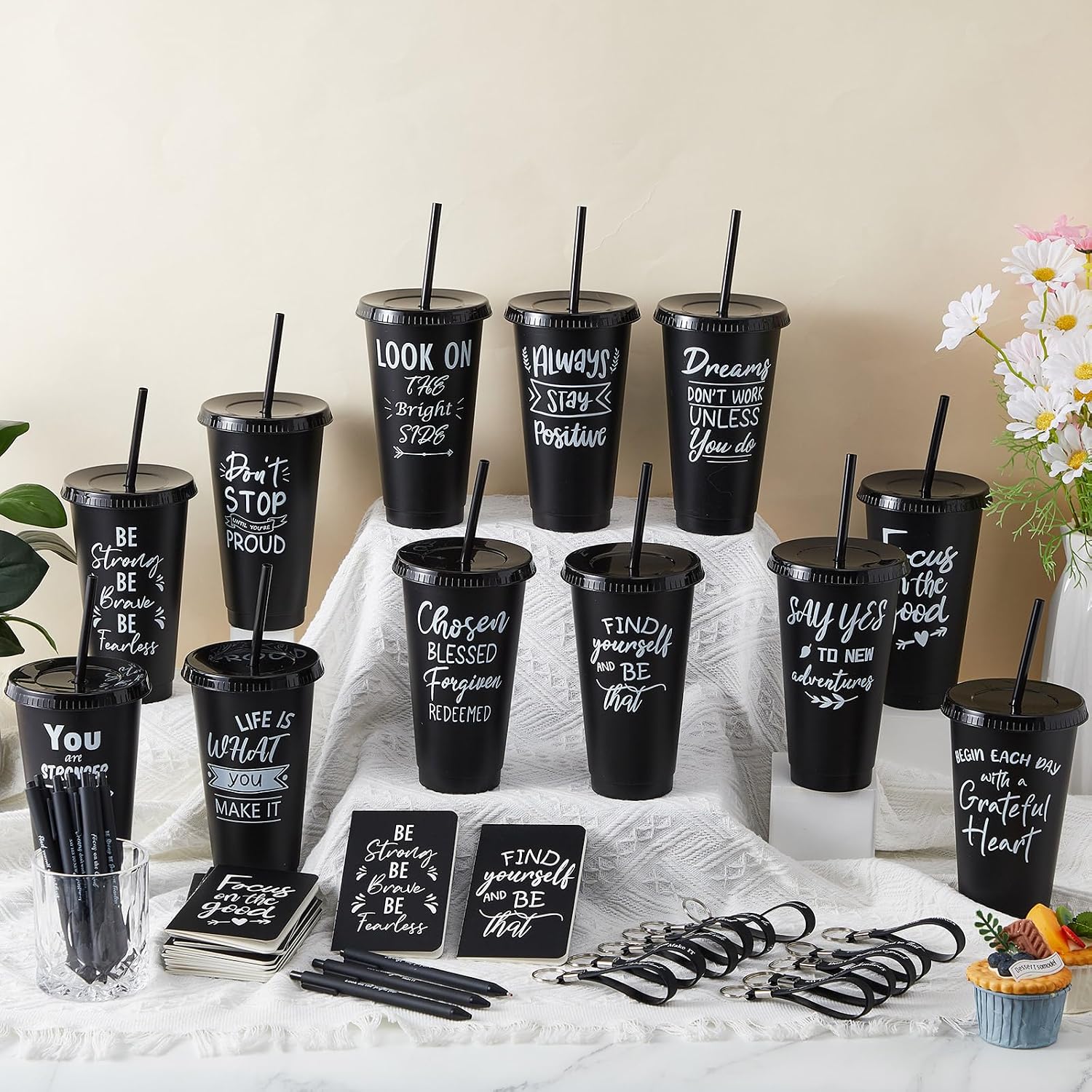 Hollowfly 24 Sets / 96 Pcs Inspirational Gifts Bulk for Employee Appreciation, 24 oz Plastic Cups and Pens Notebooks Keychains Set, Group Gifts for Office Staff Coworkers (Black)