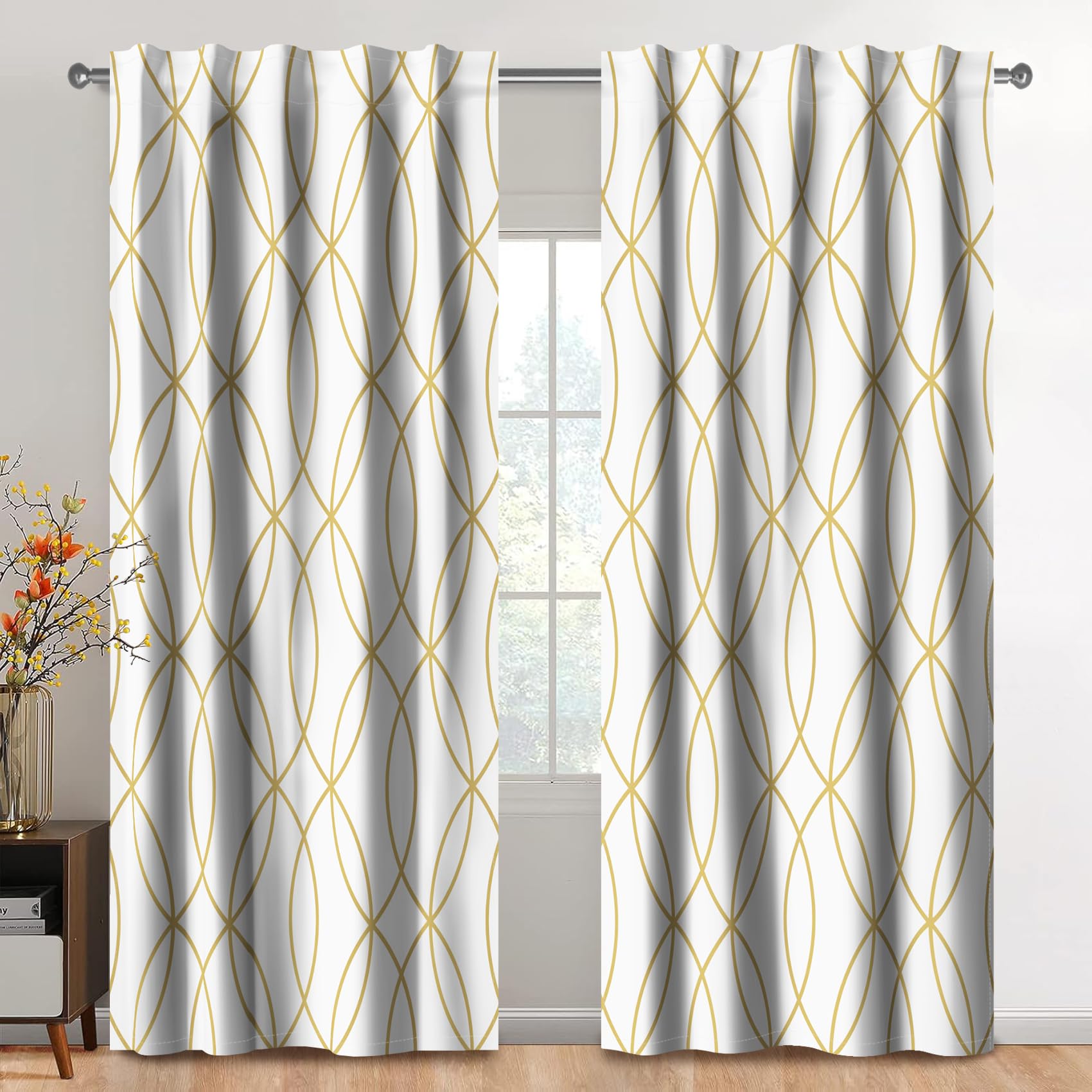 Kzzfqxb 2 Panels 107x215cm Gold and White Curtains - Image 2