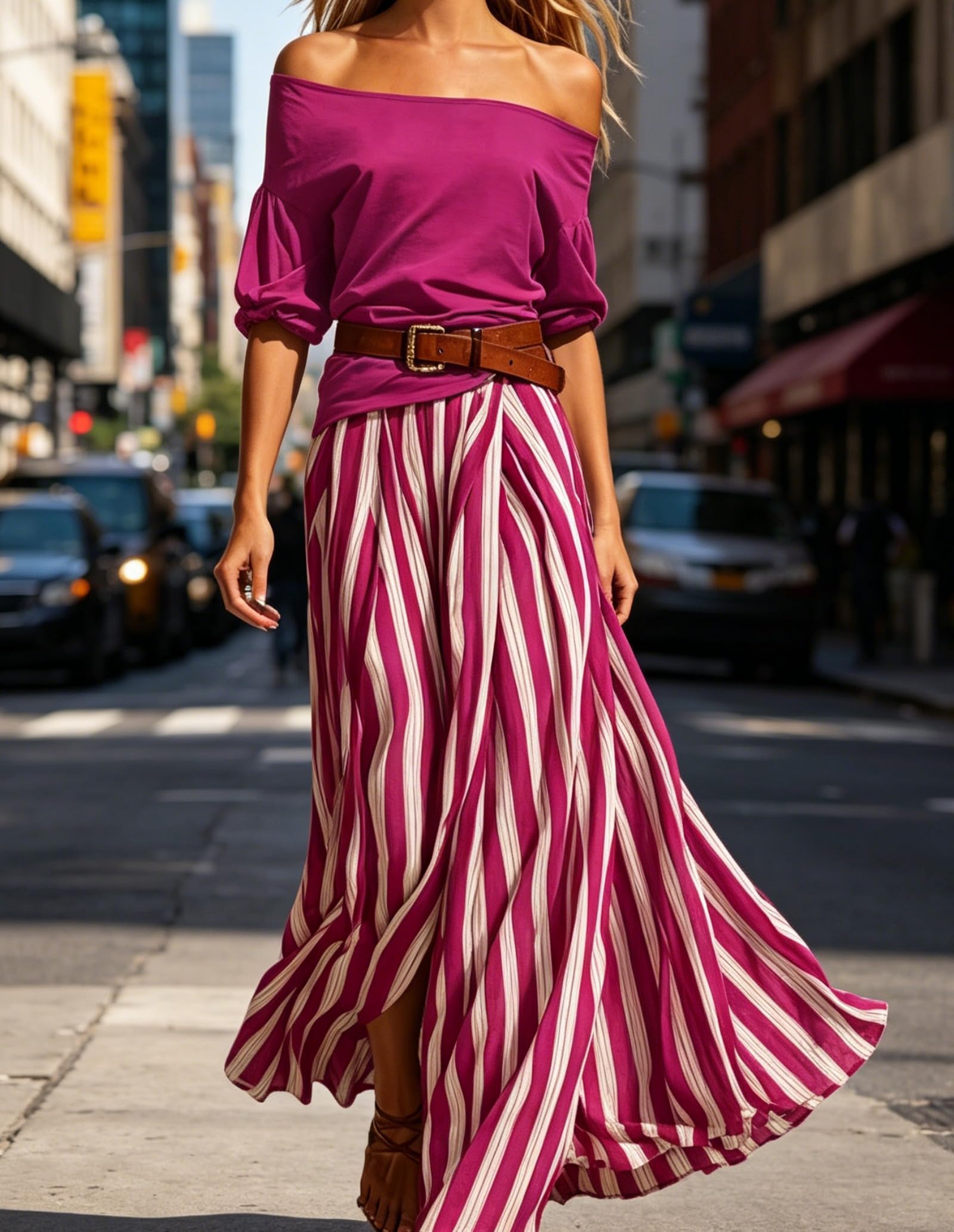 Genérico Conjunto de dos piezas de verano para mujer: top de manga corta con hombros descubiertos y falda larga de talle alto a rayas, vestido bohemio fluido con cinturón.
