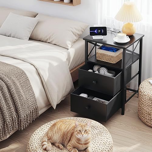 Miniatura 34 de AMHANCIBLE Mesa auxiliar para sala de estar con estación de carga, mesa auxiliar con cajón de tela, mesa auxiliar pequeña con puertos USB y salidas