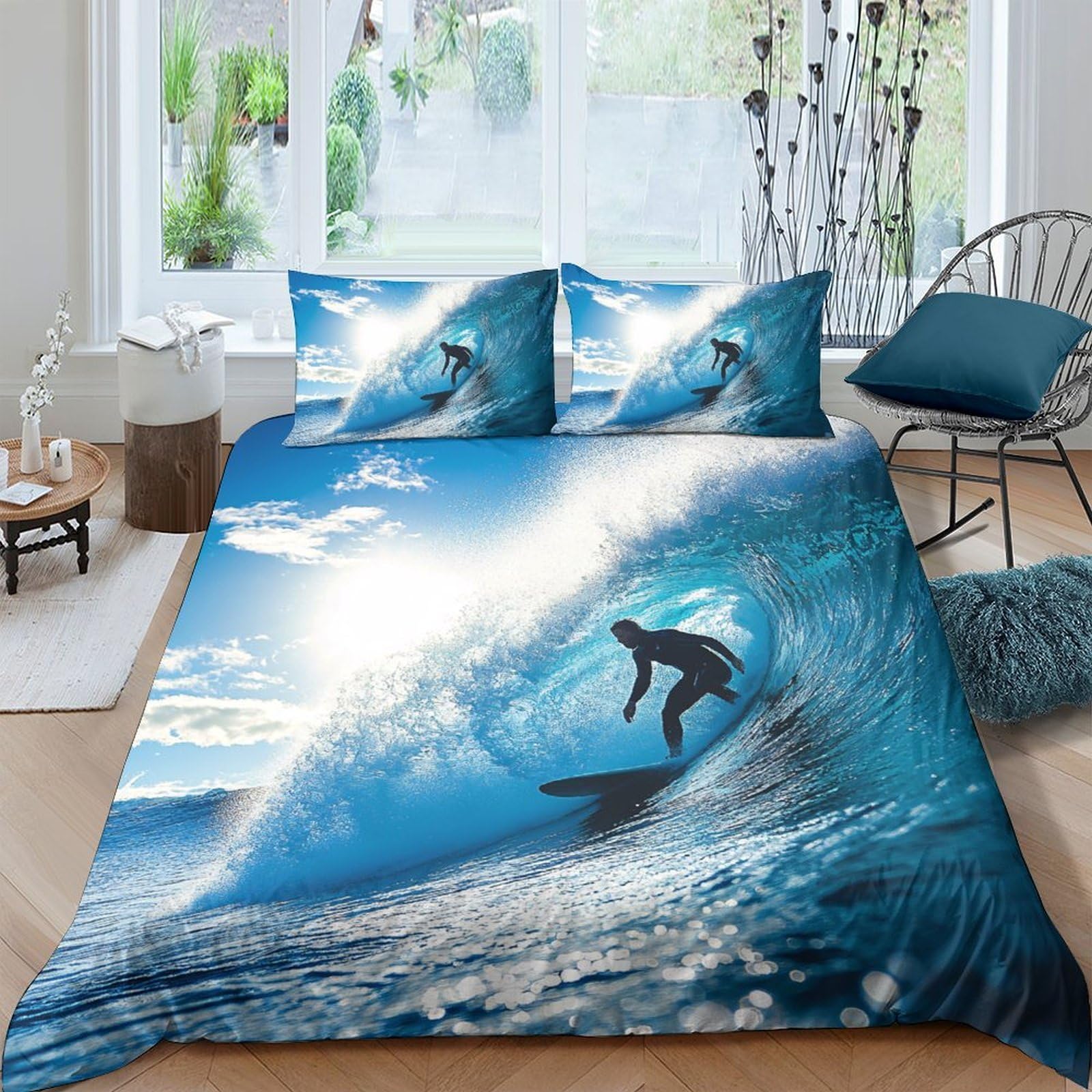 Ctjqhvkz Style-1 3D Printed Ocean Wave Fitted Sheet Microfiber Surfer Beach Mattress Cover Bedroom Guest Room Decor Easy Care Single（135X200cm）
