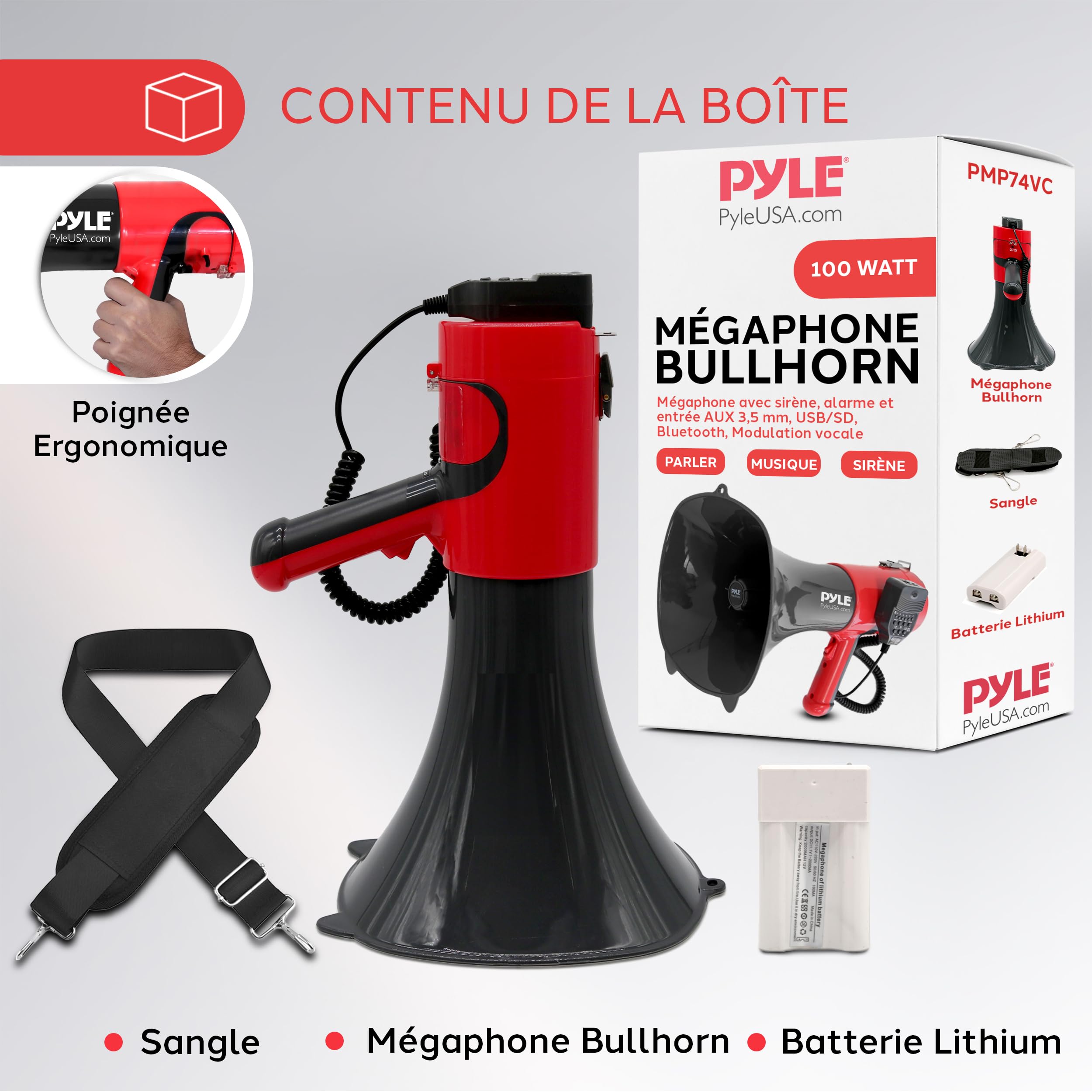 Pyle Mégaphone Bluetooth Portable 100W – Haut-Parleur PA avec Sirène, Portée 1500 m, Réglage Volume, Modulateur Vocal, pour Sport et Sécurité