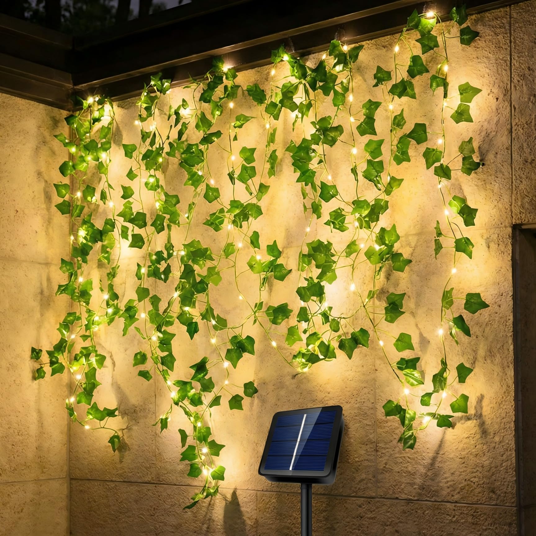 Cadena de luces solares para exteriores, 12M Cadena de luces de hiedra con 120 LED, Cadena de luces solares para exteriores resistentes al clima, 8 modos para jardín, balcón, terraza