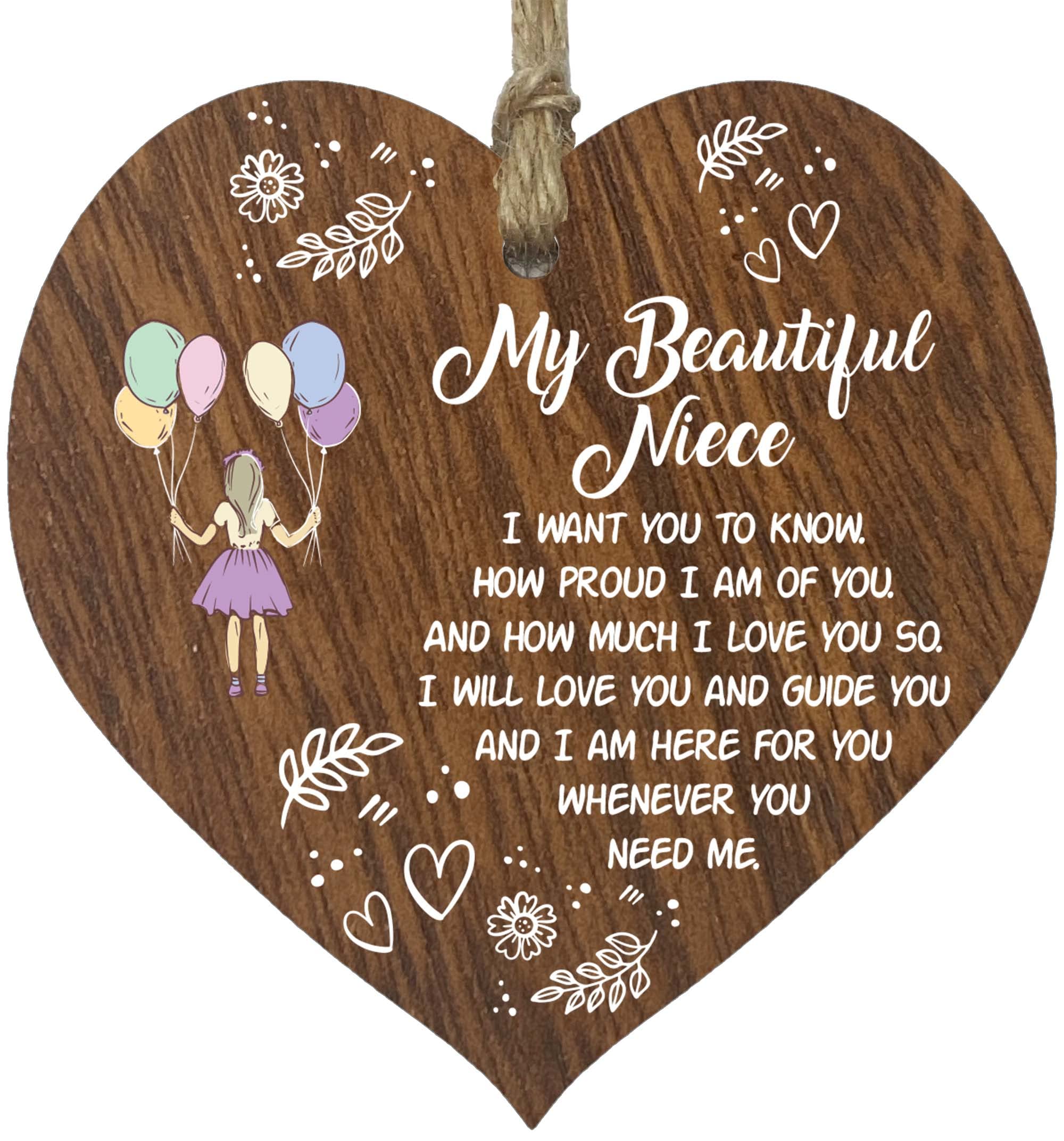 Stuff4 Beautiful Niece Hanging Wooden Heart Sign Plaque Niece Gifts from Auntie Uncle - Dark Wood Hearts Sign, Womens Gifts, Niece Gifts from Aunty, Inspirational Christmas Birthday Present One Size