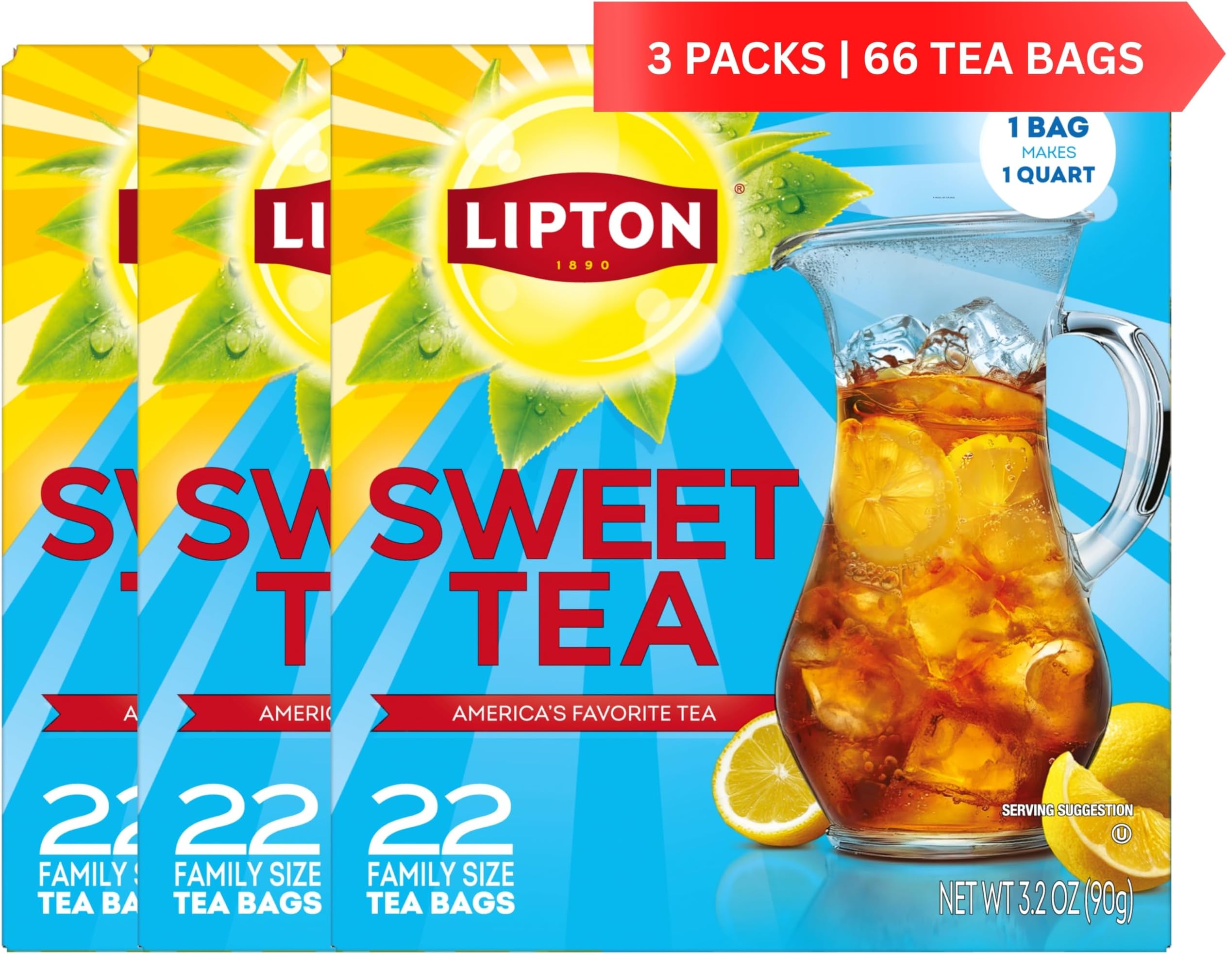 Southern Sweet Tea Iced Tea Drink Mix 22 Family Size Tea Bags (Pack of 3)