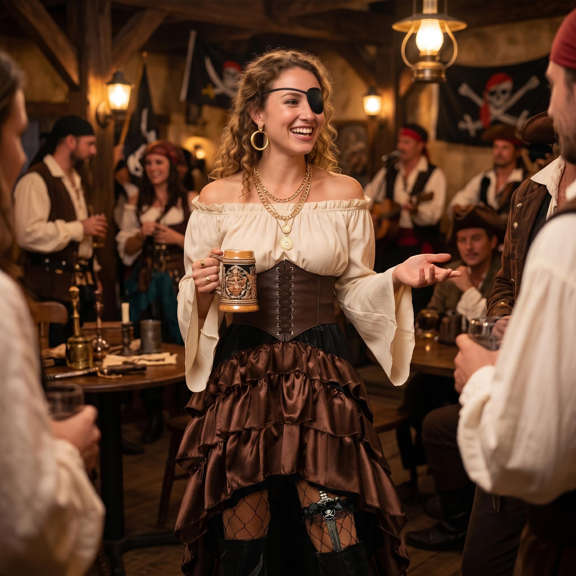 CICOCI Disfraz de pirata para mujer, corsé renacentista, falda steampunk, accesorios de pirata, disfraz completo de Halloween