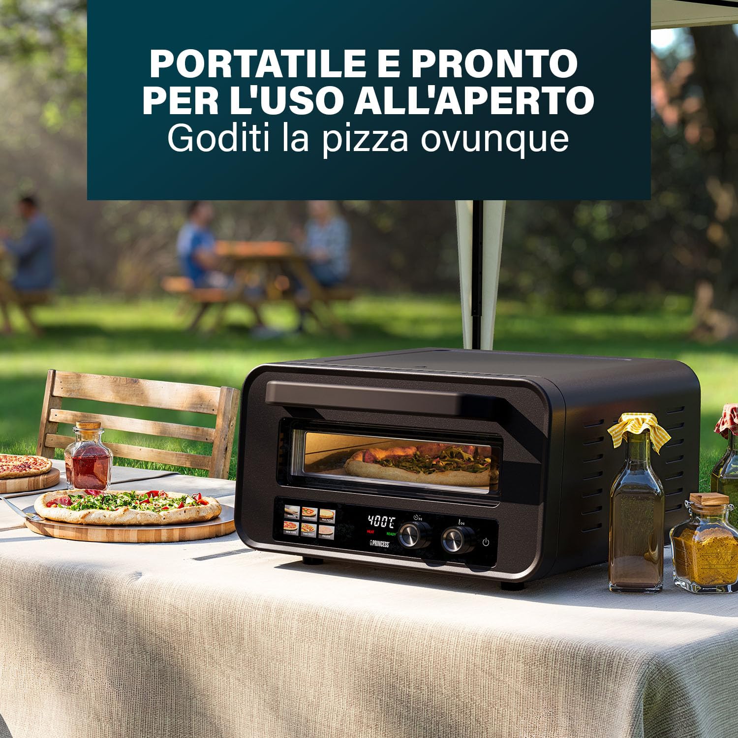 Princess Forno per Pizza Pro Max, 15L, 400°C, 2100W, Controllo Digitale, Pietra e Pala Incluse, Calore Superiore/Inferiore, Timer, Compatto e Portatile, Interno/Esterno, 112780