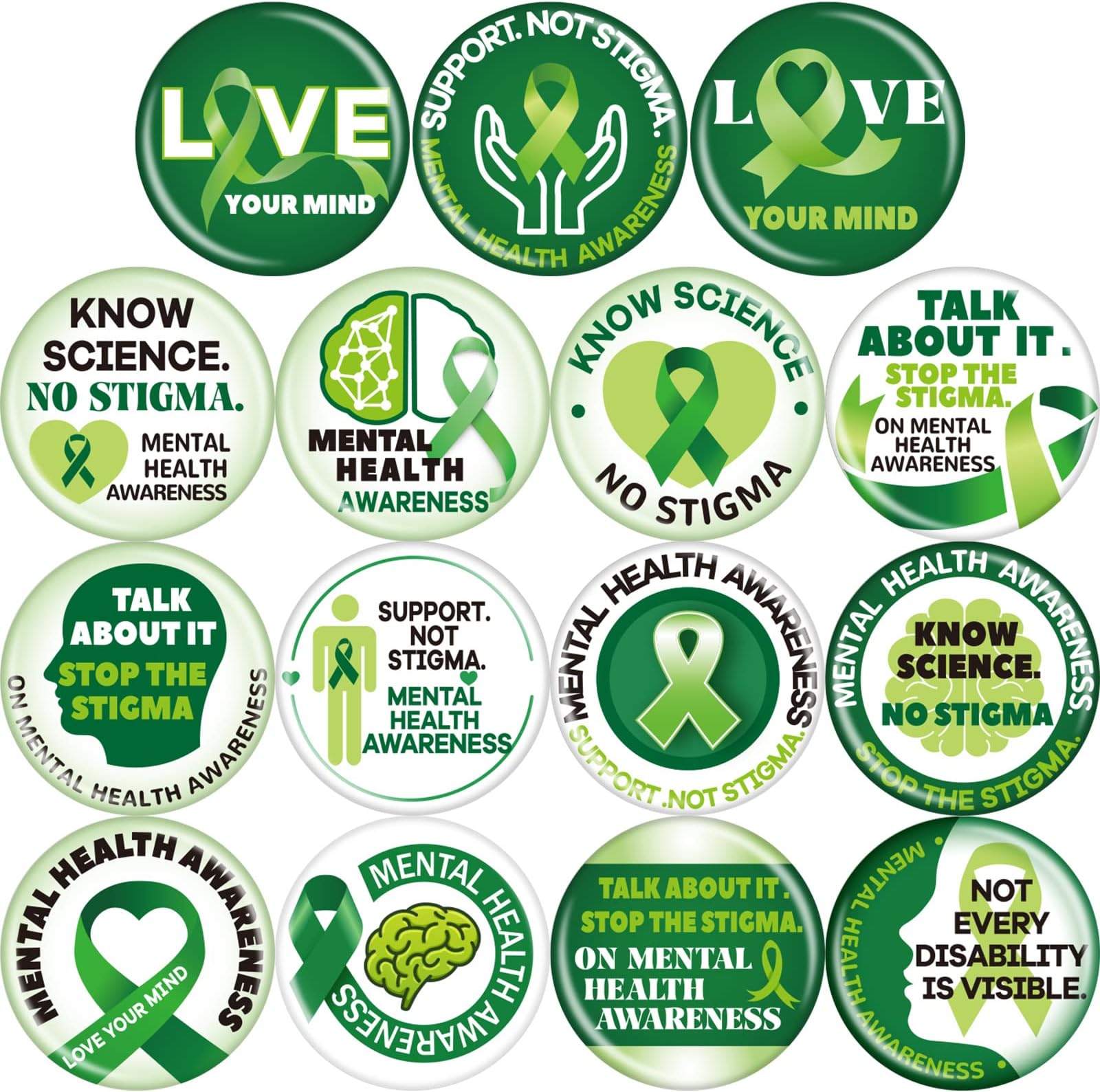 Sosation120 Pcs Mental Health Pin 1.2 Inch Mental Health Awareness Buttons for Backpacks Novelty Green Ribbon Mental Health Awareness Month Gifts for Children Teens Adults Party Favors Stocking Stuffers