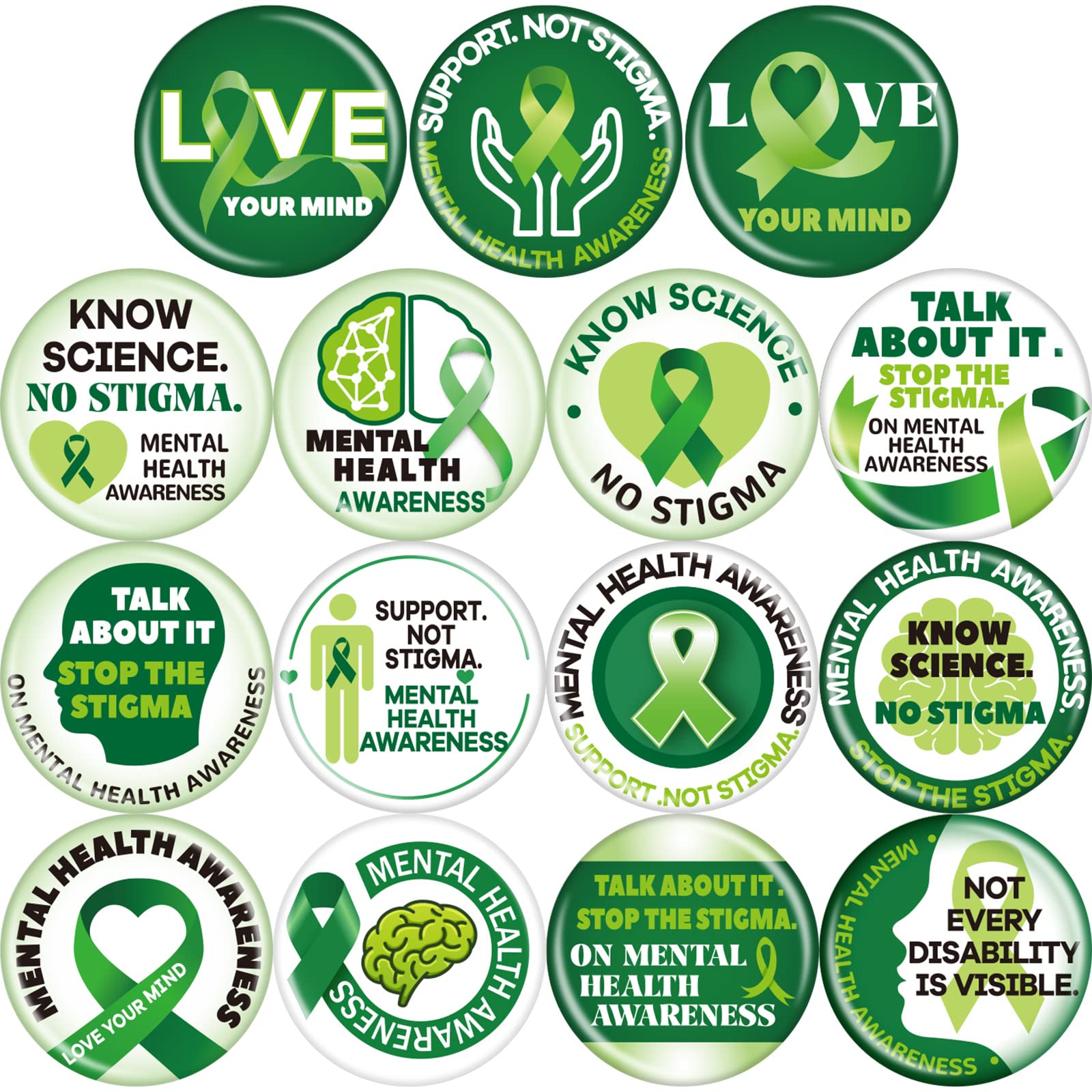 Sosation120 Pcs Mental Health Pin 1.2 Inch Mental Health Awareness Buttons for Backpacks Novelty Green Ribbon Mental Health Awareness Month Gifts for Children Teens Adults Party Favors Stocking Stuffers