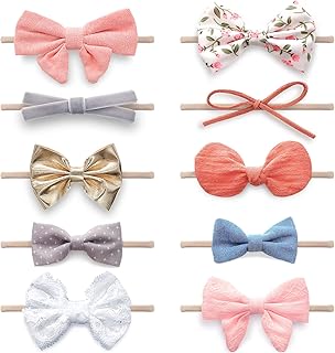 KiddyCare Hairbands and Bows for Baby Girls, Elastic Hairbands Baby Bows, Baby Hair Bows, Newborn Headbands for Girls, Baby Bows and Headbands, Lazos Para Bebes, 10 Piece Assortment