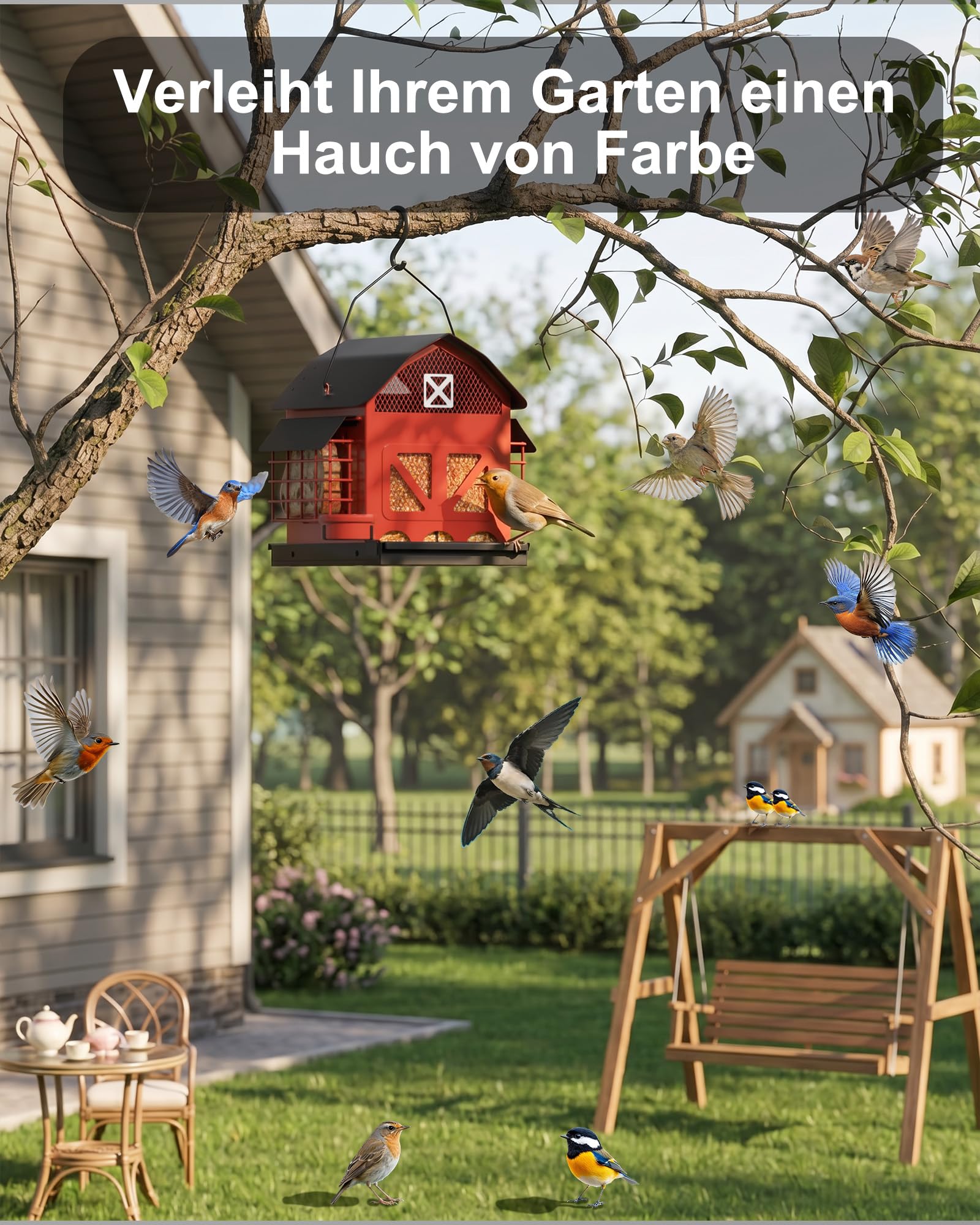 Mangeoire à oiseaux en métal résistant aux intempéries - En forme de maison - Noir/rouge - Avec deux cages à sueur - Mangeoire à suspendre pour jardin, balcon - Utilisation toute l'année