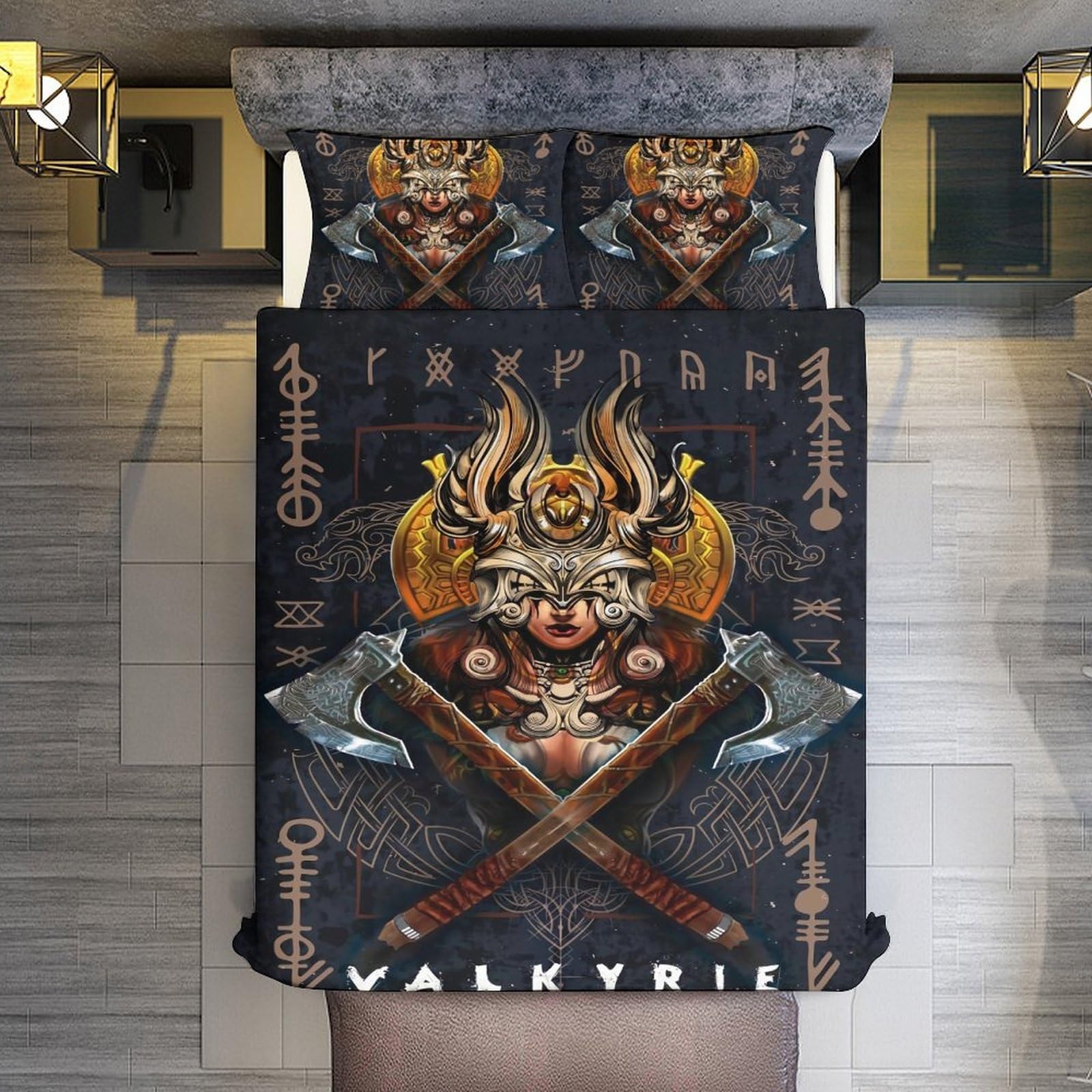LDZDGD Viking Duvet Cover Queen, Norse Totem Symbols Pattern Quilt Cover, Farmhouse Rustic Bedding Comforter Sets (Color : Valkyrie, Size : 229 x 229CM): 229 x 229CM Valkyrie