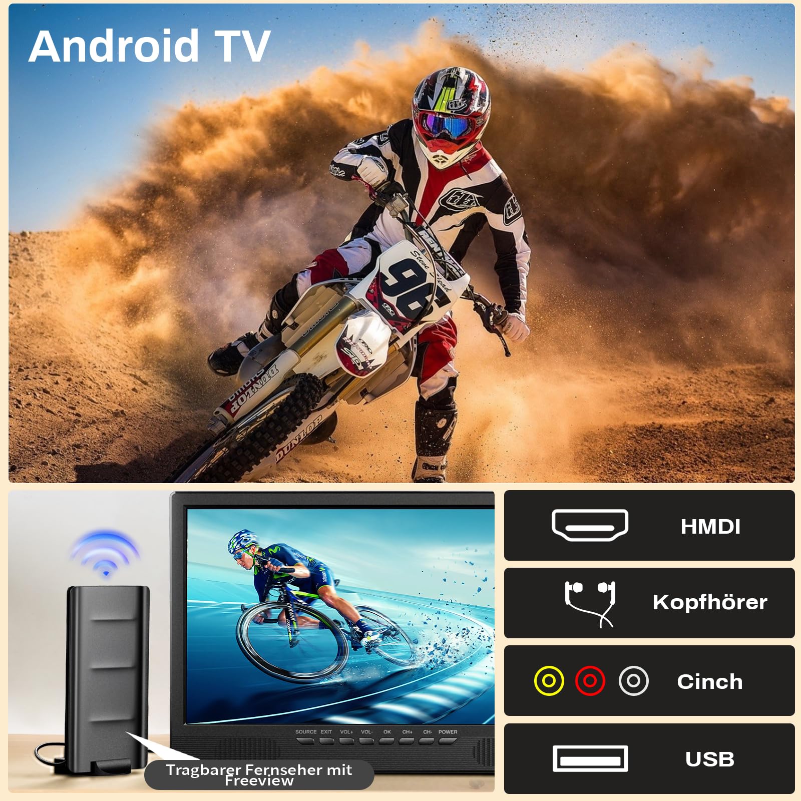 Smart TV Android de 18 pulgadas, Desobry Televisor portátil pequeño con DVB-T2 y antena, entradas HDMI AV y USB, 12V TV ideal para autocaravanas, dormitorios, cocinas, campings y vehículos recreativos