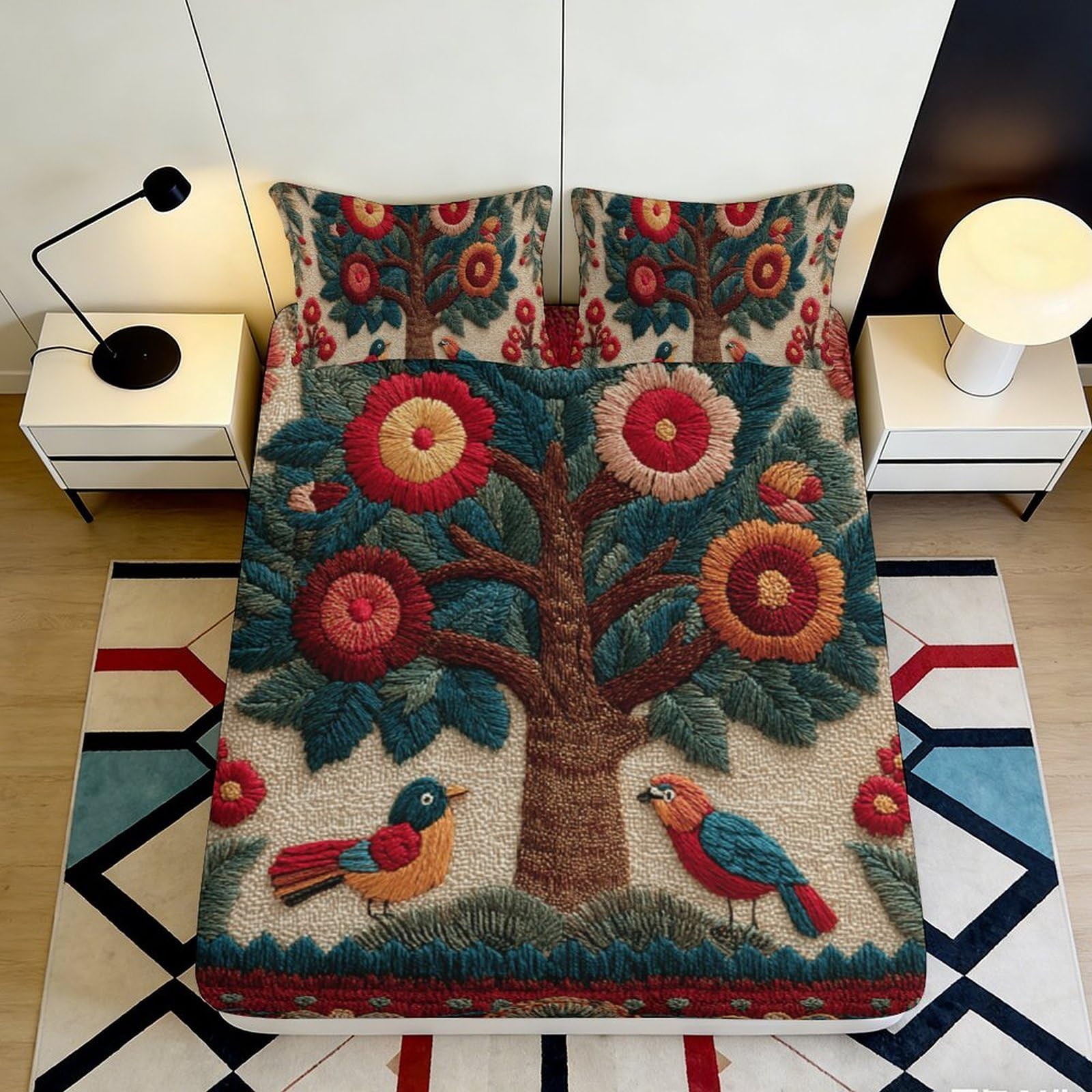 3D Printed Botanical Tree Fitted Sheet Microfiber Parrot Bird Mattress Cover Non Slip Washable Bedroom Decor 90x200x25cm
