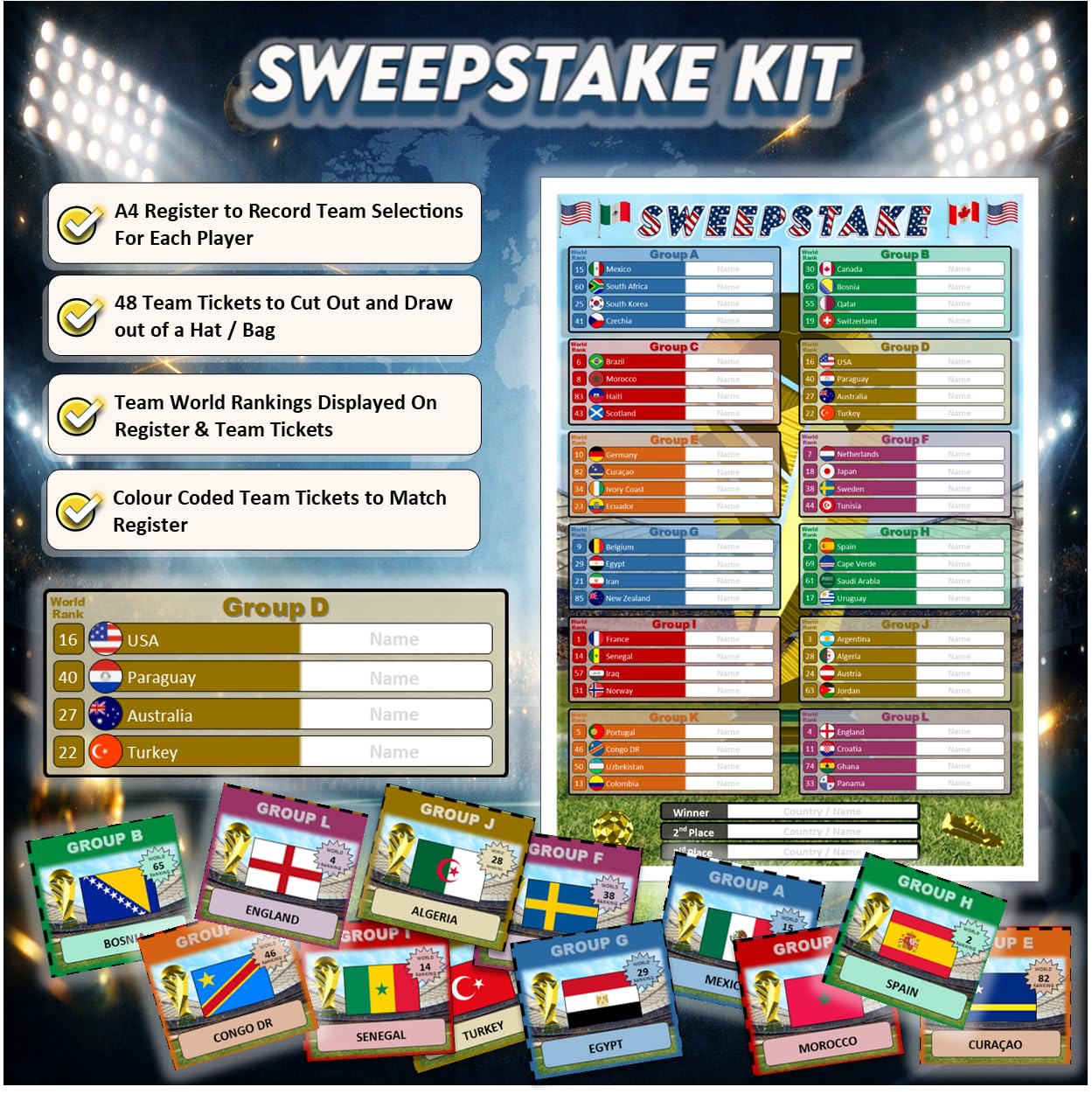 World Cup 2026 Wall Chart & Sweepstake Kit – Calcio Wall Planner z posterem, rejestrem A4 i 48 biletami