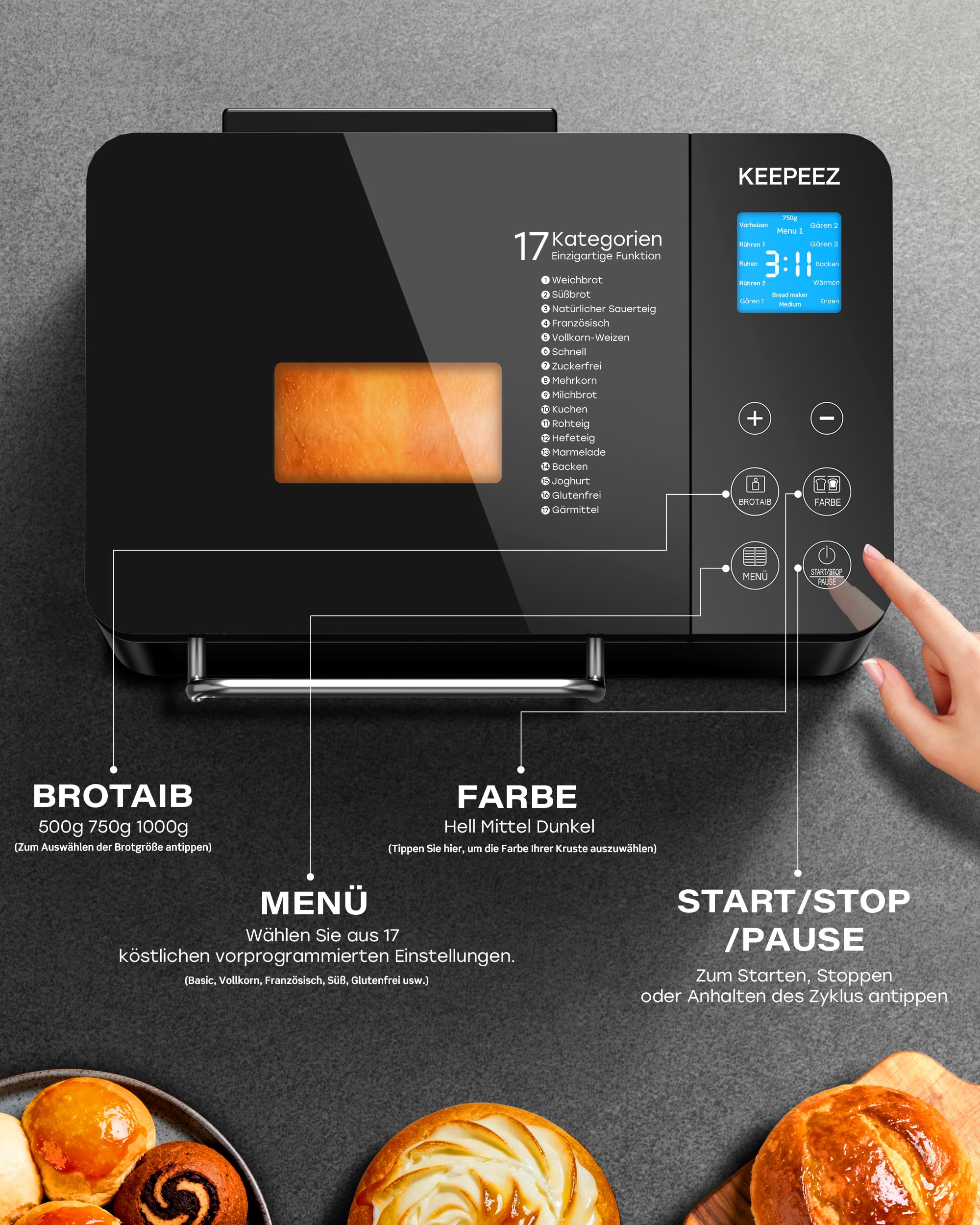 Panificatrice da 710 W, 1 kg, al quarzo, in acciaio inox, con padelle in ceramica, 17 in 1 con distributore automatico di scanalatura, 2 remi, 3 dimensioni di pane e 3 colori per la cottura
