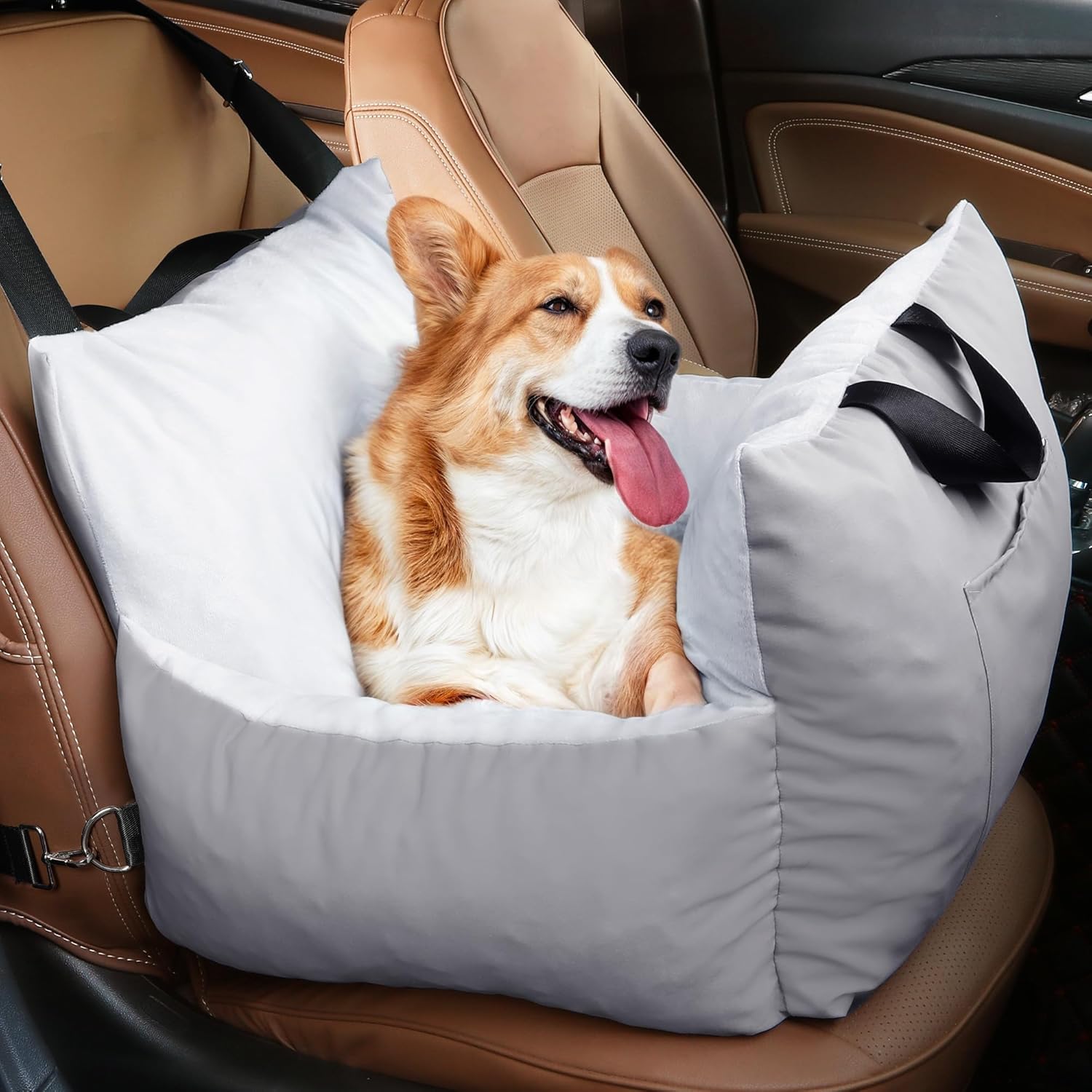 YITAHOME Dog Car Seat for Small Dogs Up to 20lbs, Soft Car Travel Dog Bed with Storage Pocket, Straps, Washable and Detachable, Portable Pet Booster Seats, Light Grey