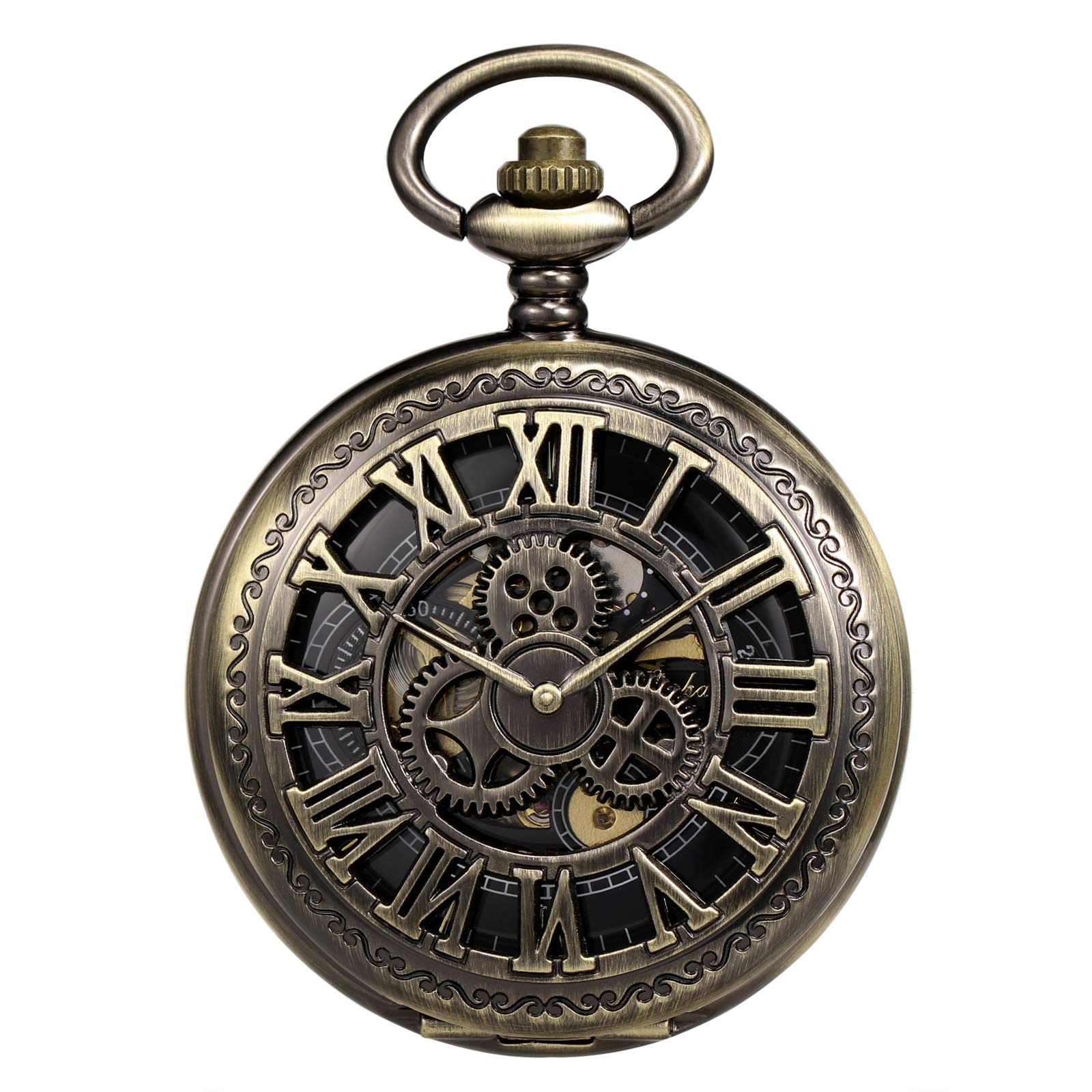 TREEWETO Montre de poche analogique avec chaîne pour homme - Double boîtier - Chiffres romains - Bronze/noir/doré