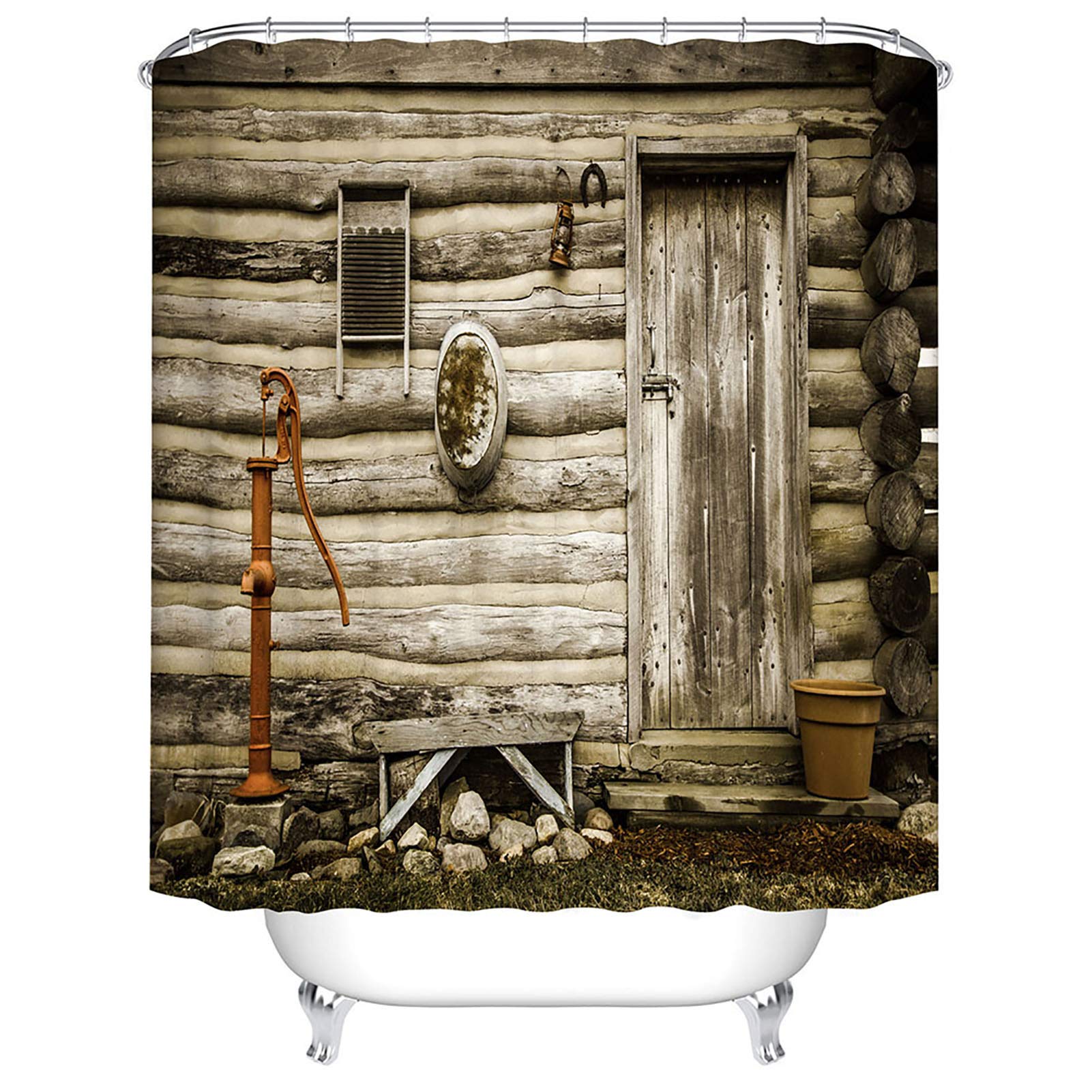 BOYOUTH Country Wooden House and Pumping Well Pattern Digital Print Shower Curtain for Bathroom Decor,Polyester Waterproof Fabric Bath Curtain with 10 Hooks,59x70 Inches,Multicolor โ image 1