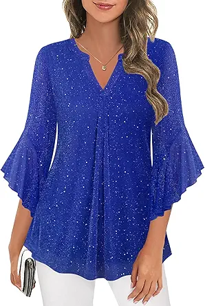 Ninedaily Womens Tops 3/4 Sleeve Dressy Casual Blouses Double Layers V Neck Shirt