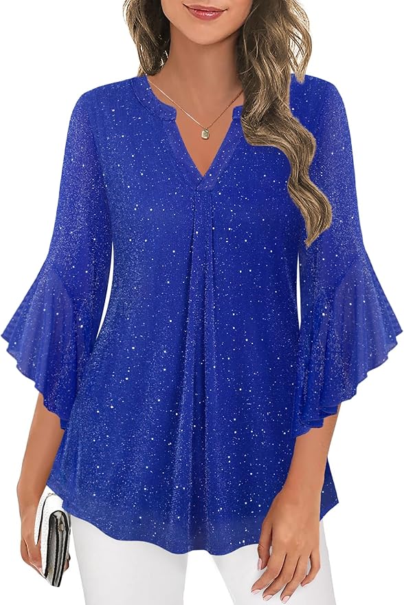 Ninedaily Womens Tops 3/4 Sleeve Dressy Casual Blouses Double Layers V Neck Shirt