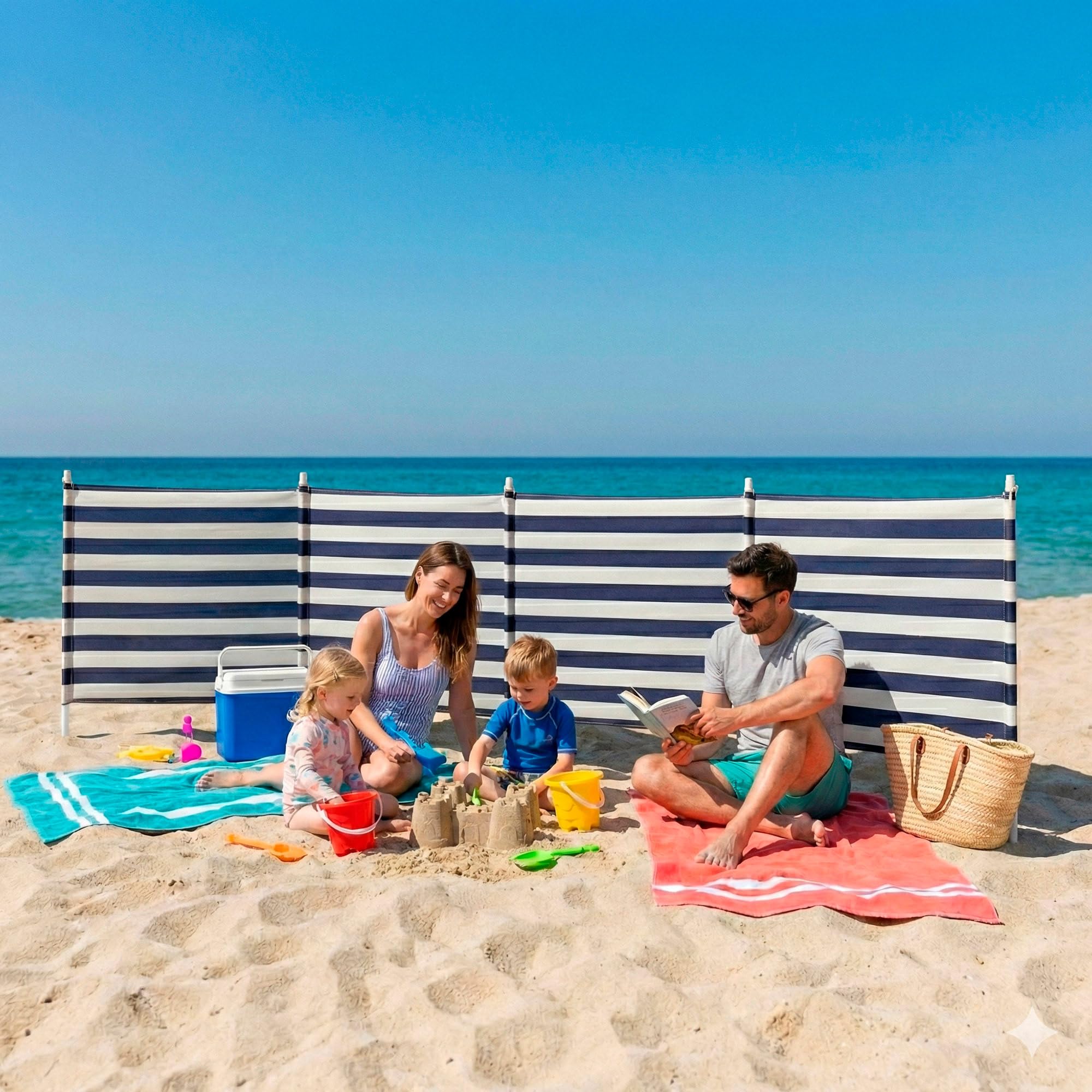 AKTIVE Paravent de plage type paravent, panneaux en polyester, tubes métalliques avec pointe aiguisée, housse avec poignée