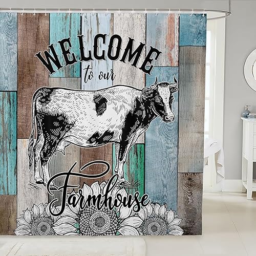Cortina de ducha con patrón de vaca, estilo rústico, de granja, juego de cortina de ducha para niños y adultos, cortina de baño de madera vintage,