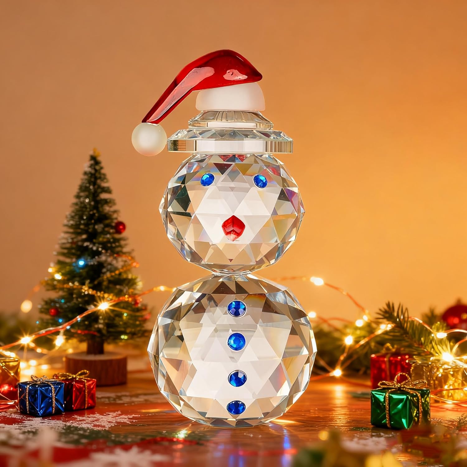 Crystal Snowman Figurine Decorations Christmas Glass Figurine Ornament with Red Hat, Festive Holiday Table Decor Xmas Gift & Collectible Paperweight