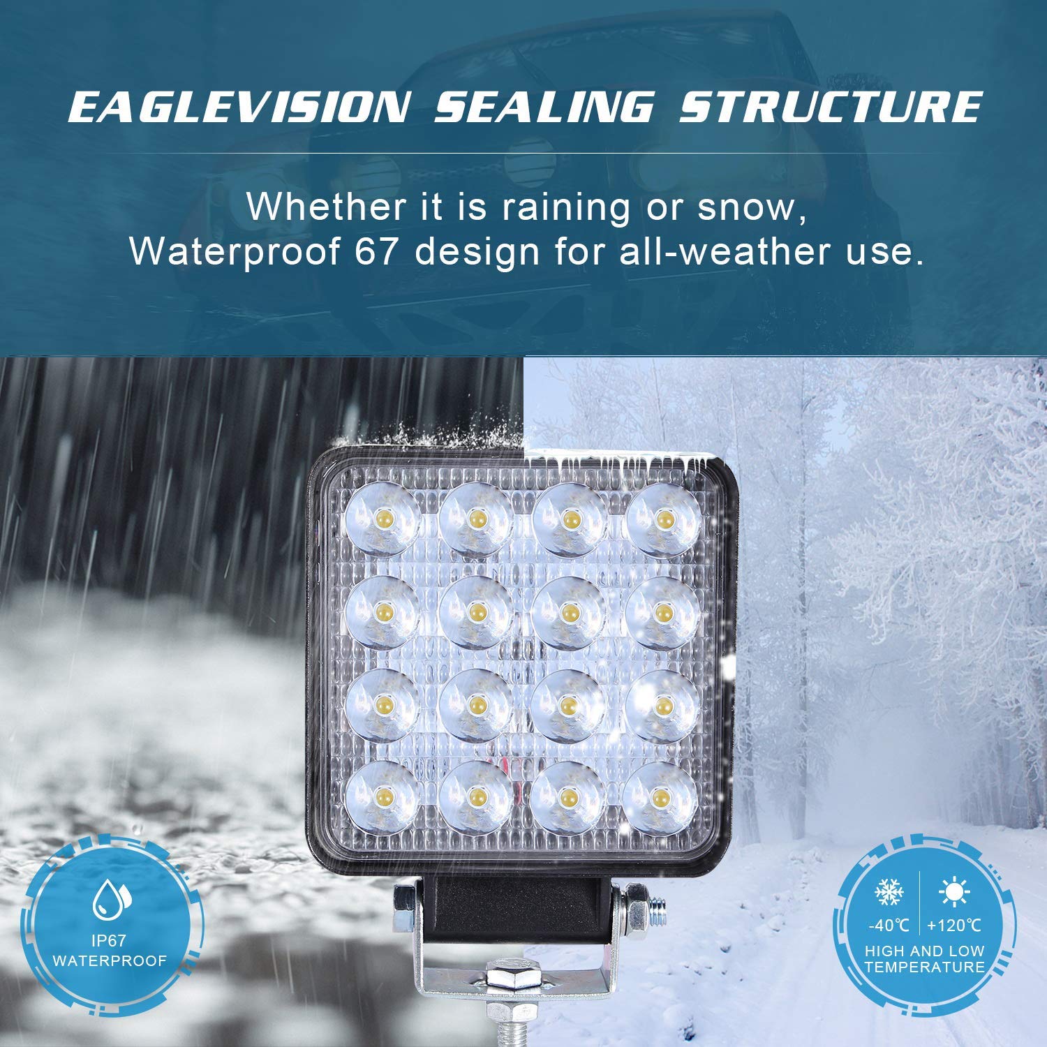 CICMOD 4 Pzs Faro LED Trabajo, 12V 24V 48W 6000lm Focos LED Tractor IP67 Impermeable per Off-Road SUV UTV ATV Camión Cuadrado
