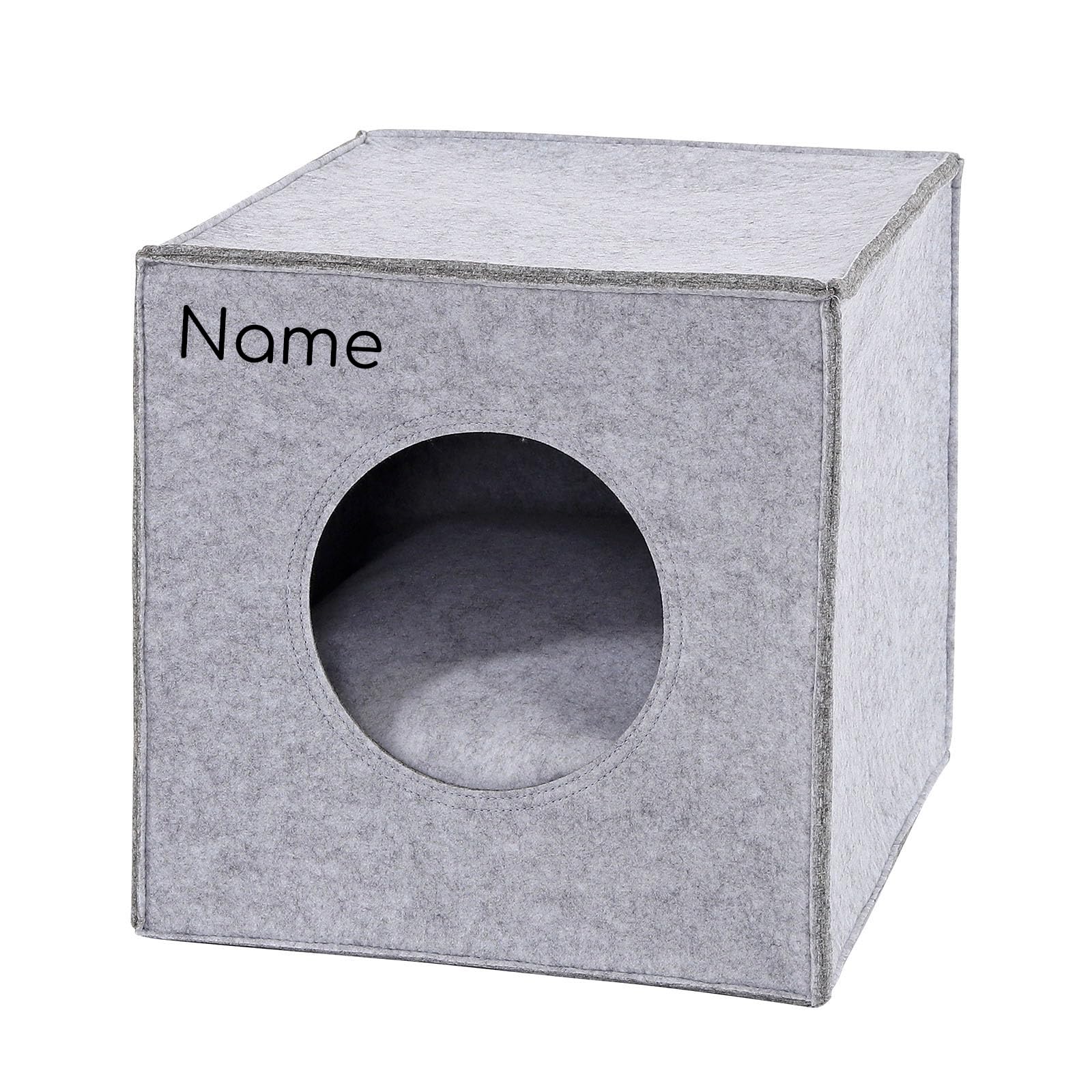 lionto Katzenhöhle aus stabilem Filz passend für Kallax Regale & andere Regalsysteme, 33x37x33 cm, Katzenbett faltbar in Würfelform freistehend, mit gemütlichem Liegekissen, hellgrau (Namensaufdruck)