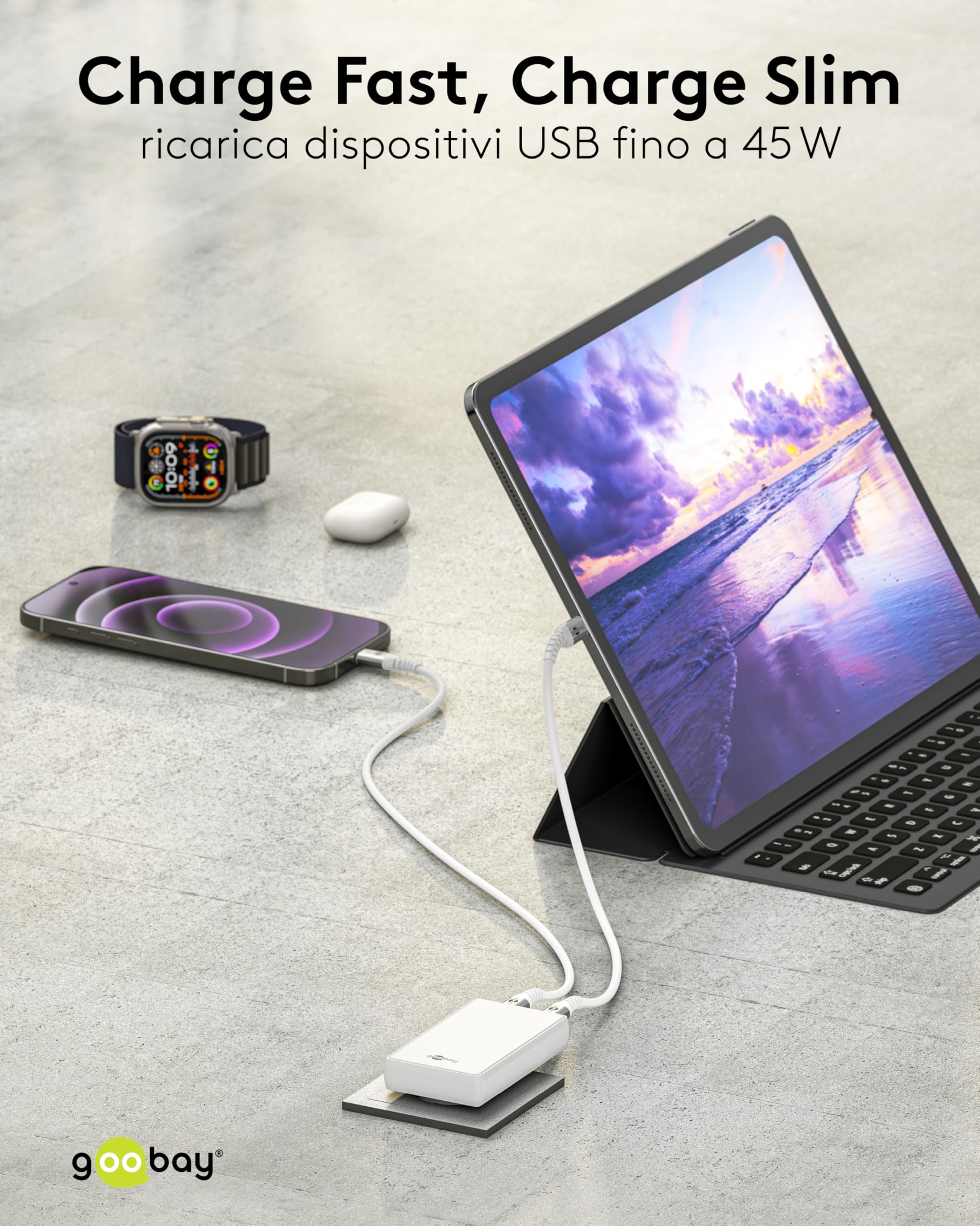 goobay GaN Caricatore USB C piatto da 45 W, doppia porta (2 x USB-C), design piatto a 90°, ultra sottile e salvaspazio, per Apple, Samsung, Huawei, tablet, ecc.,bianco,75722