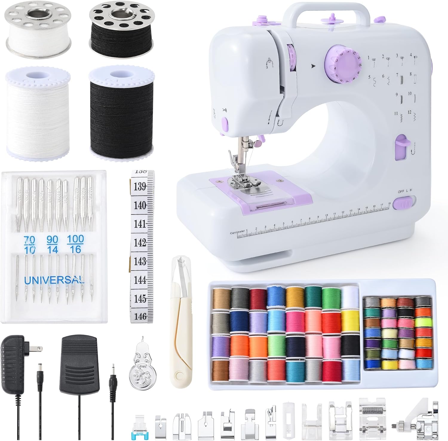 Sewing Machine for Beginners, Heavy Duty Sewing Machine, 12 Built-in Stitches with Reverse Sewing, Foot Pedal, Light, Storage Drawer, Sewing Accessories PURPLE