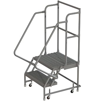 Tri-Arc KDSR102162-D2 2-Step 20" Deep Top Steel Rolling Industrial & Warehouse Ladder with Handrails, 16" Wide Grip Strut Tread