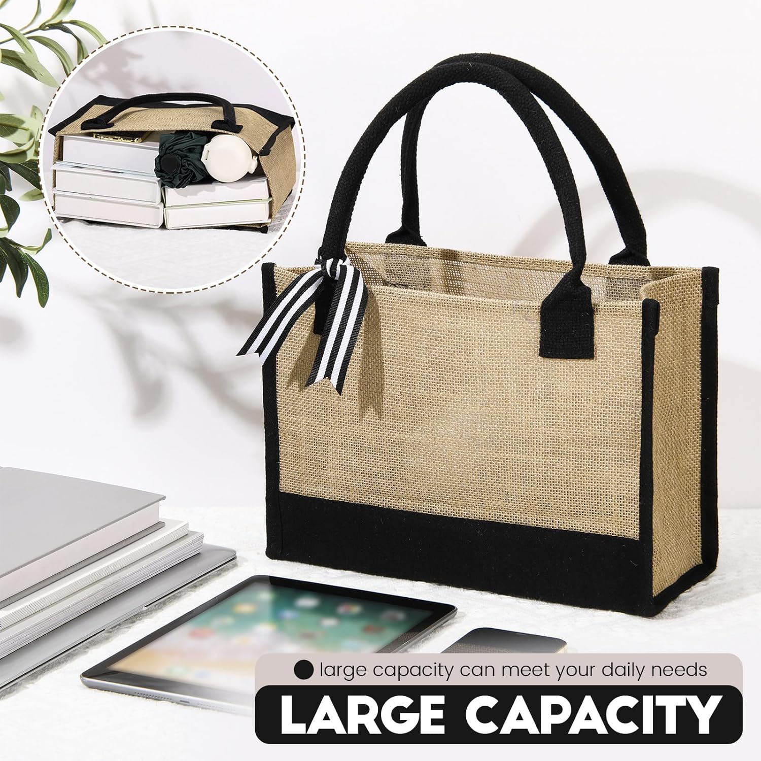 Sweetude 4 Set Jute Burlap Tote Bag with Canvas Makeup Pouch Reusable DIY Craft Blank Gift Bags for Wedding Bridesmaid(Black)
