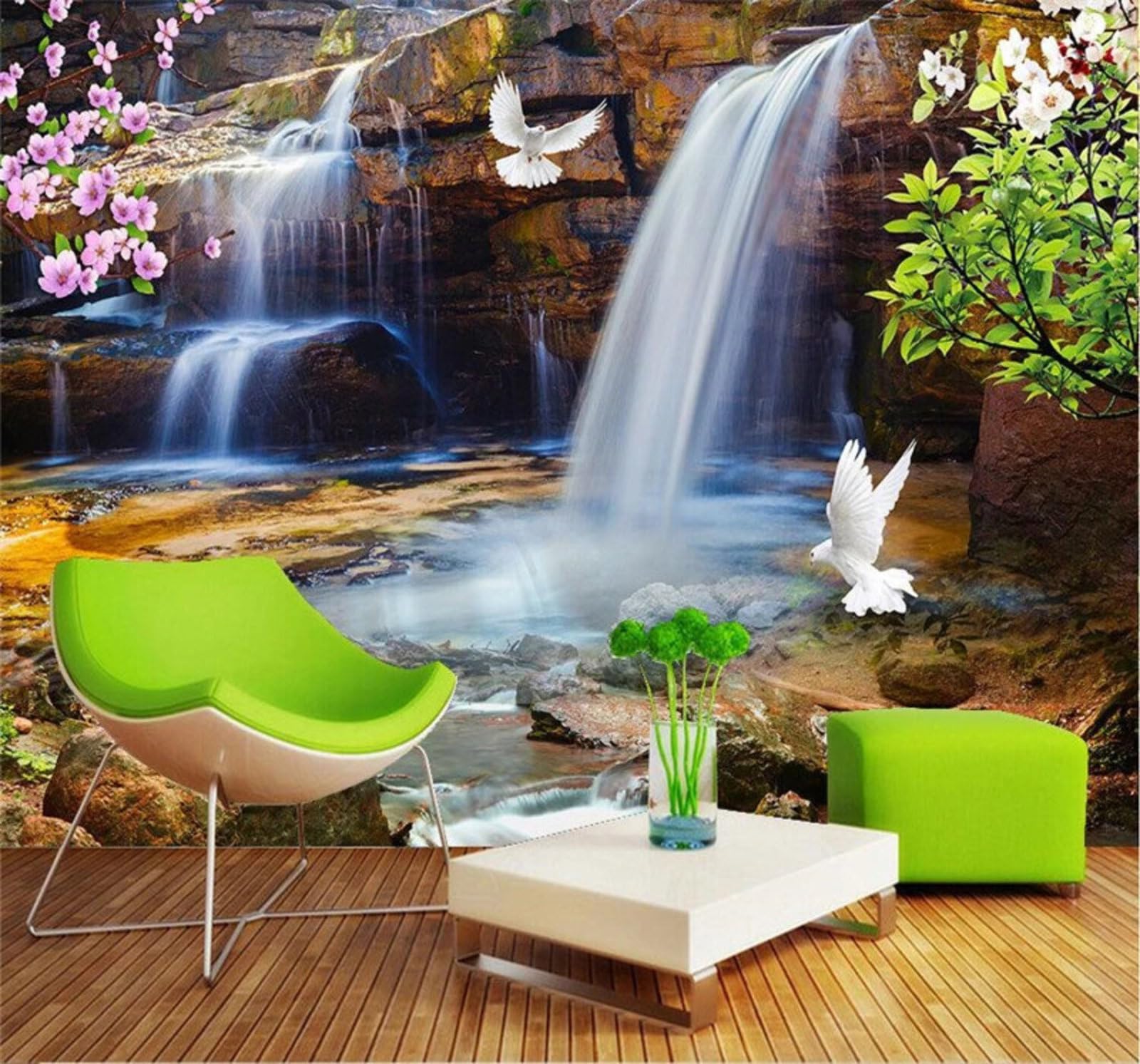 Wallpaper-3D-Xlm 400Cm×280Cm(B×H) Aesthetics Waterfall Flowers And Birds Nature Landscape 3D Wallpaper Easy Install Feature Office Living Room Sofa Bedroom Tv Background Wall Decoration-400Cm×280Cm