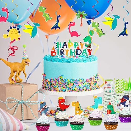 Miniatura 4 de Tessco - 193 piezas de suministros para fiesta de cumpleaños de dinosaurios, incluye platos, tazas, servilletas, pancartas, cuchillos, tenedor,