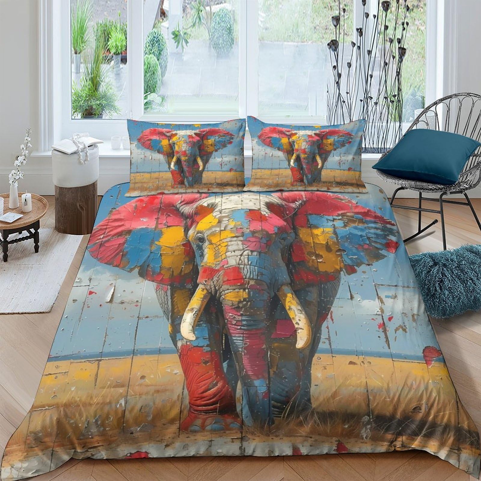 3D Printed Elephant Art Quilt Cover Soft Fabric Colorful Animal Style Duvet Cover Fade Resistant Wrinkle Free for Housewarming Gift New Homeowners Bedding Use Single（140x200cm）