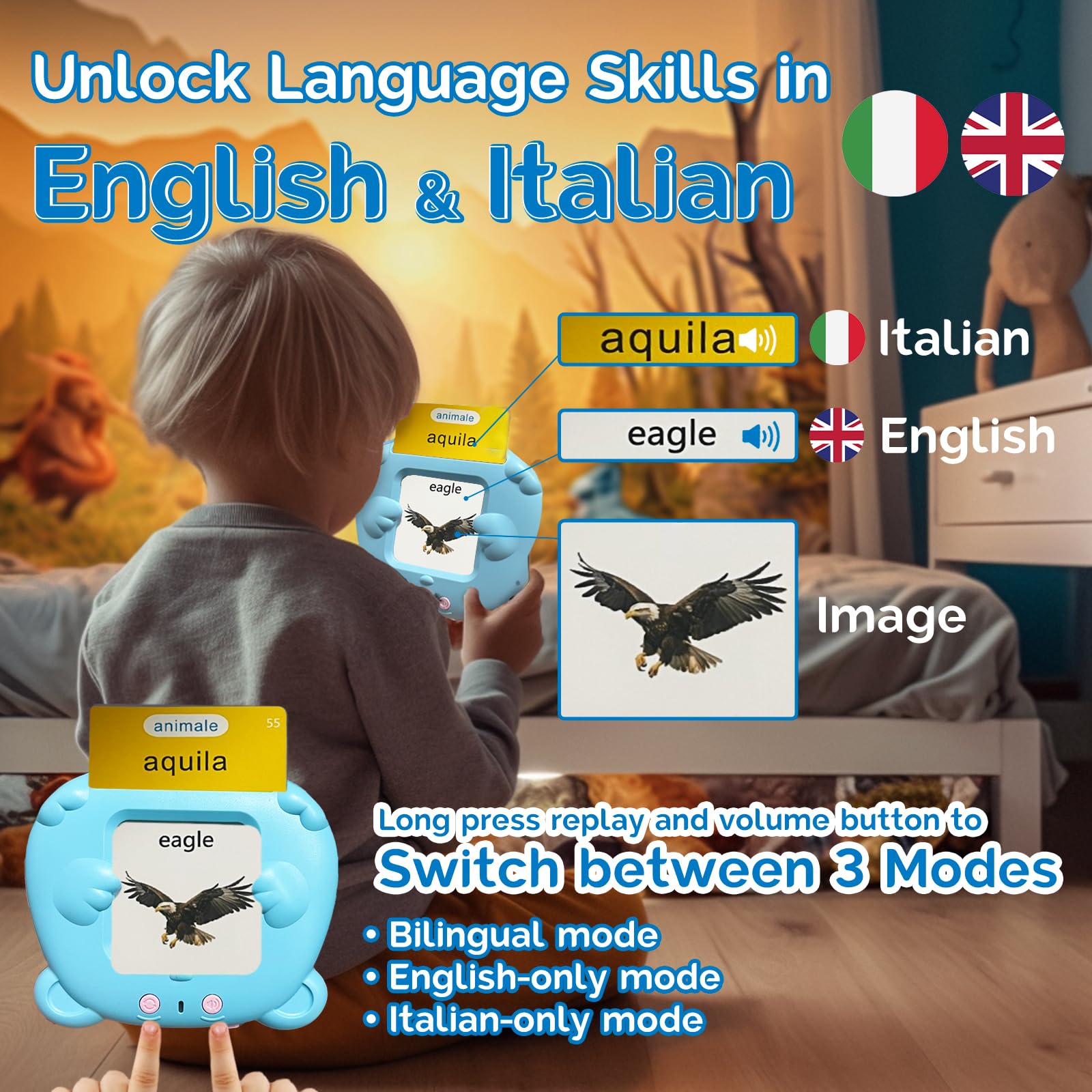 KILOGOGRAPH Bilingual English Italian Flash Cards - Talking Flash Cards for Kids, 510 Sight Words, Pocket Speech for Toddlers 3-12, Autism Sensory Toys, Preschool Learning Activities Boys (Blue)