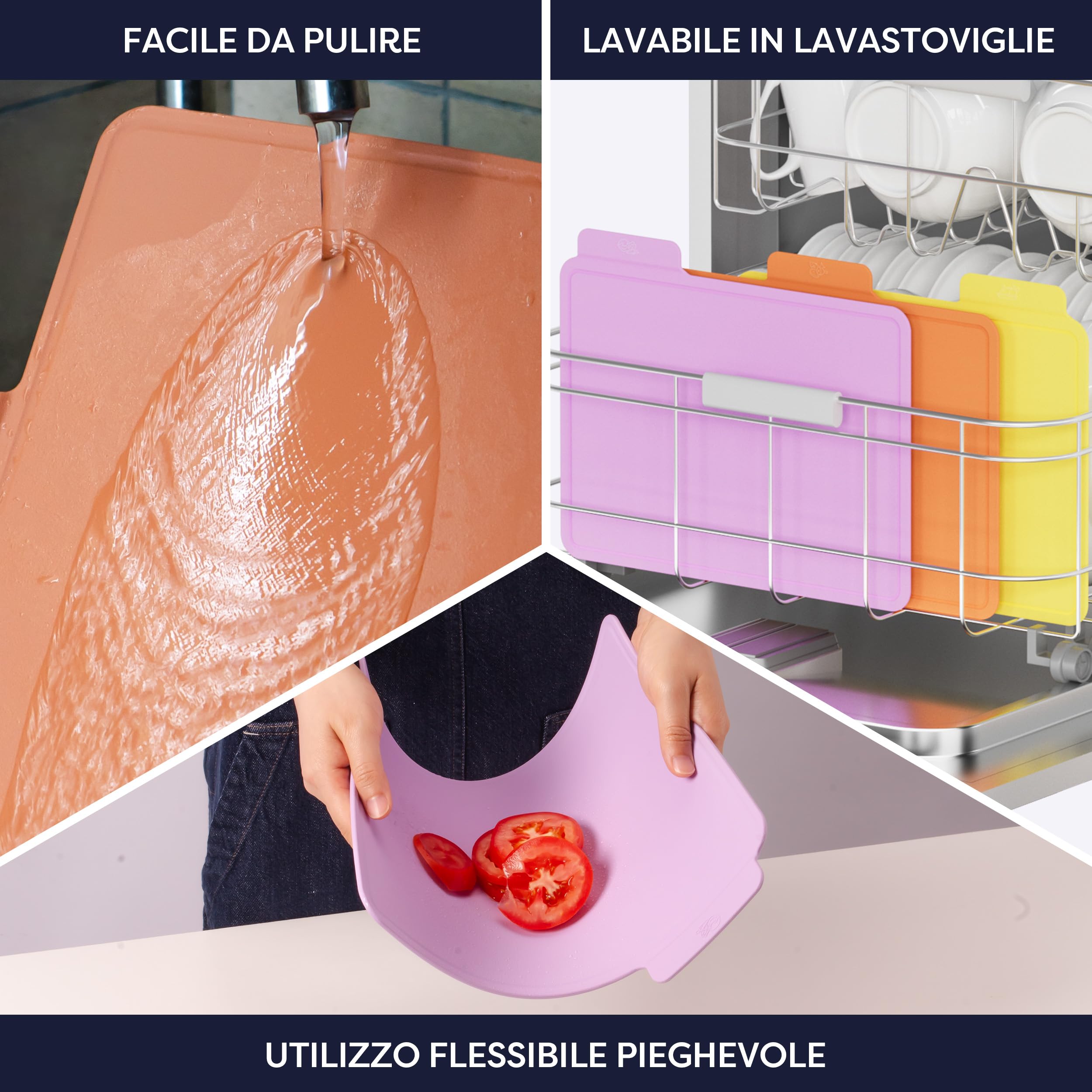 Ciarra Set di 3 Taglieri Cucina in Plastica Flessibili in TPU con Scanalatura, Antibatterici, Senza BPA, Superficie Antiscivolo, Lavabili in Lavastoviglie