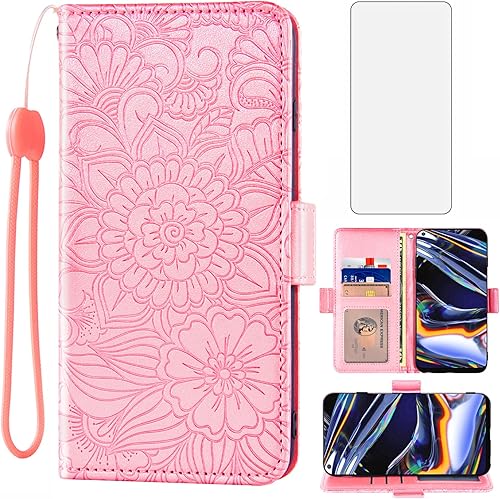 Compatible con OPPO Realme 7 Pro - Funda tipo cartera y protector de pantalla de vidrio templado, soporte para tarjetas, correa magnética para